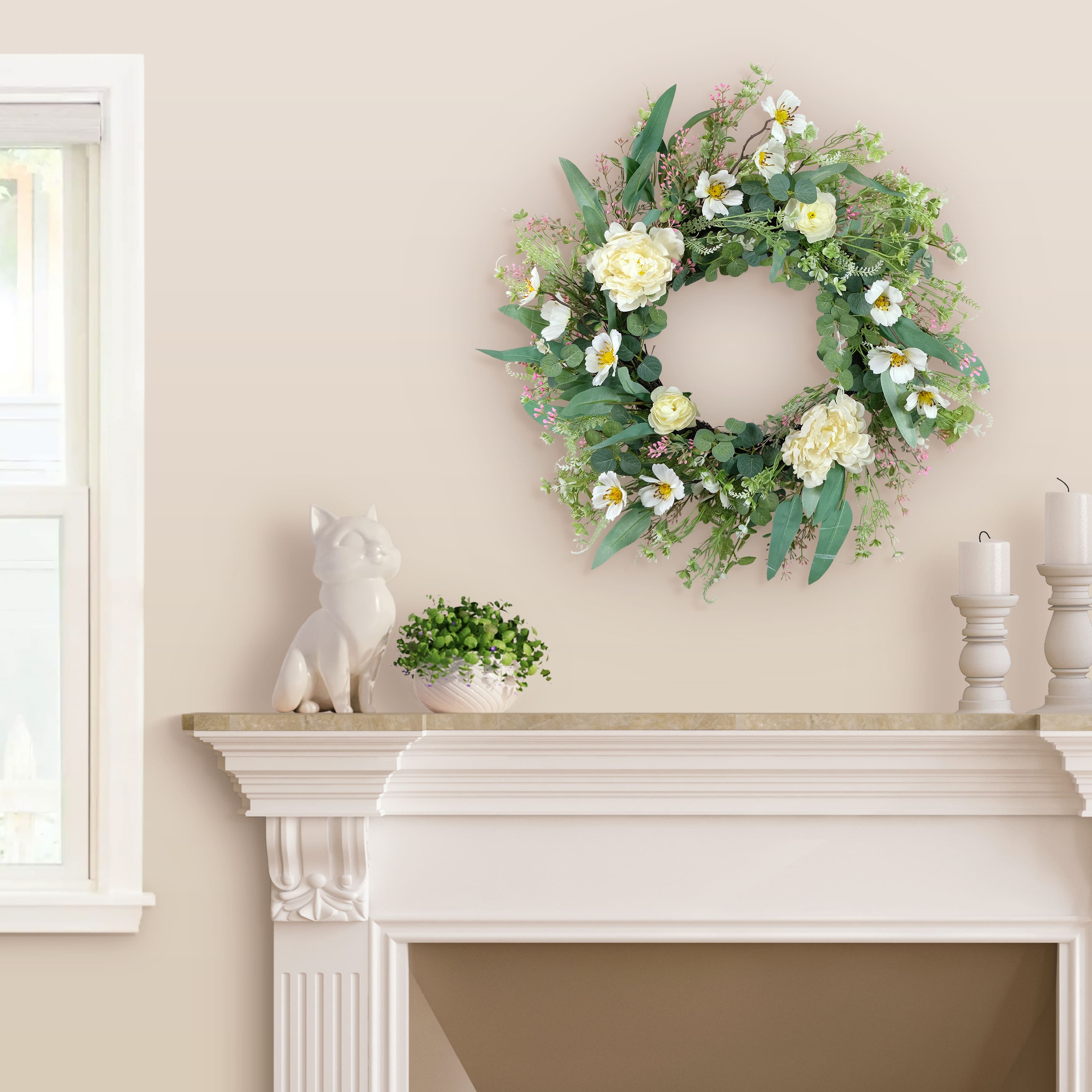 24&#x22; White Spring Peony &#x26; Dogwood Floral Wreath