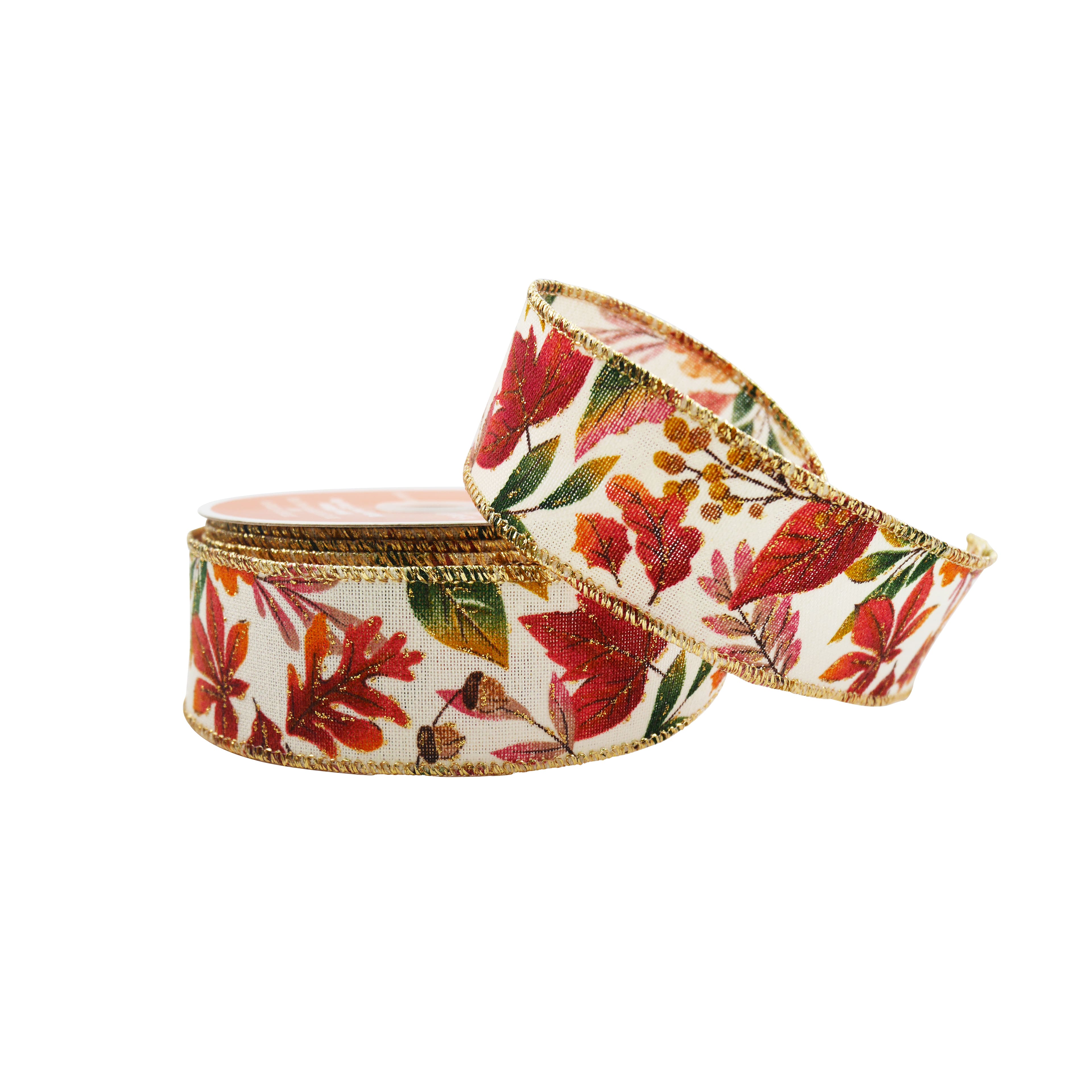 1.5" x 10yd. Gold & Red Faux Linen Fall Leaves Wired Ribbon by Celebrate It®