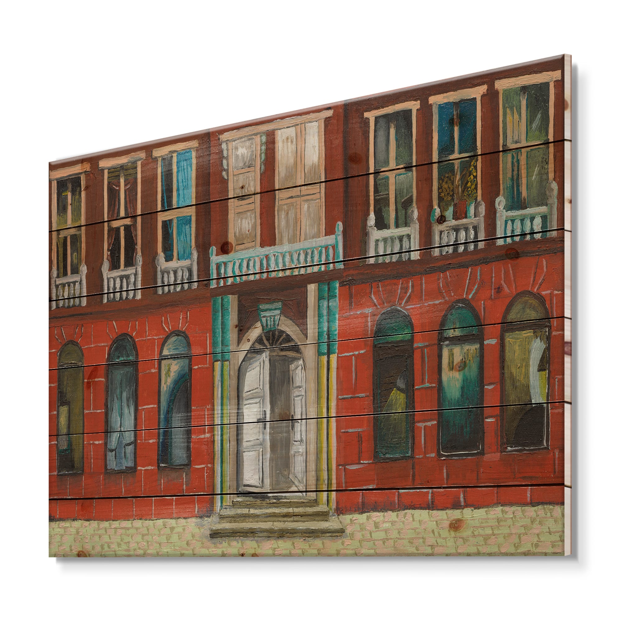 Designart - Red Facade of Shop In Paris II - French Country Print on Natural Pine Wood