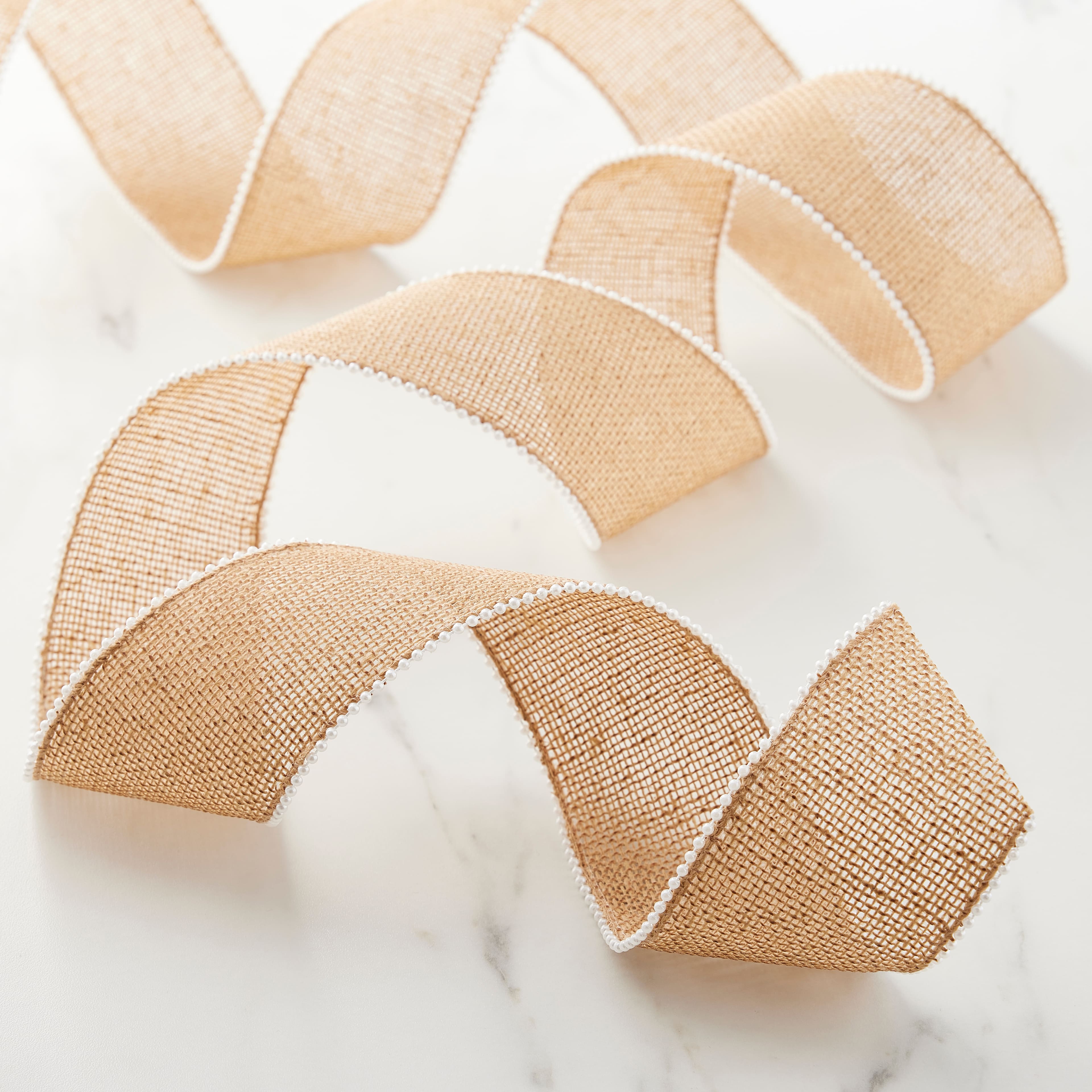 2.5" x 3yd. Burlap & Beaded Wired Ribbon by Celebrate It® Classic