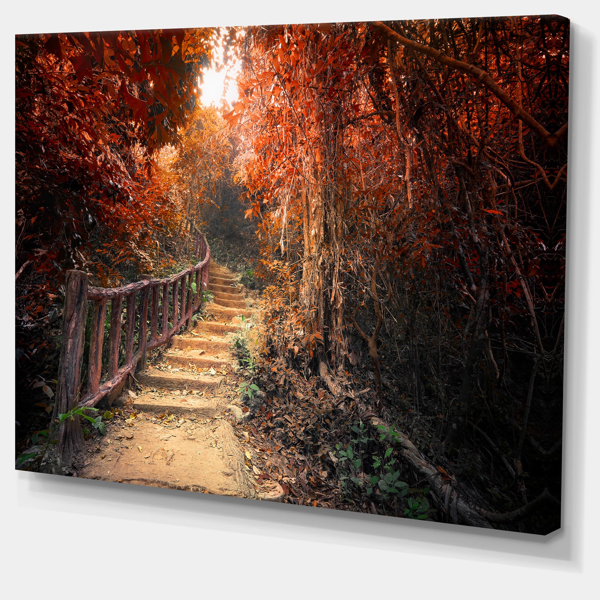 Designart - Stairway Through Red Fall Forest - Landscape Photography Canvas Print