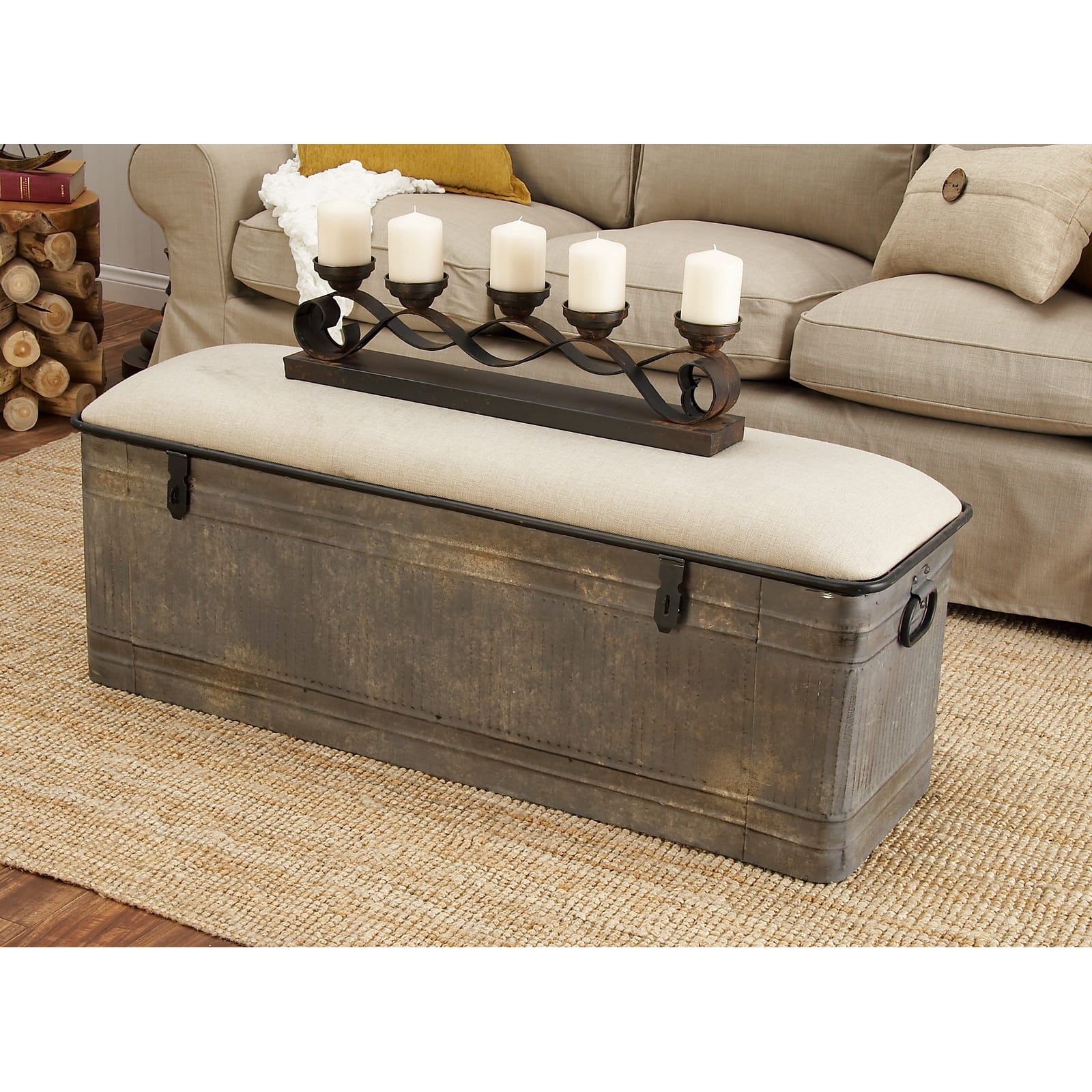 Grey Iron & Fabric Farmhouse Bench