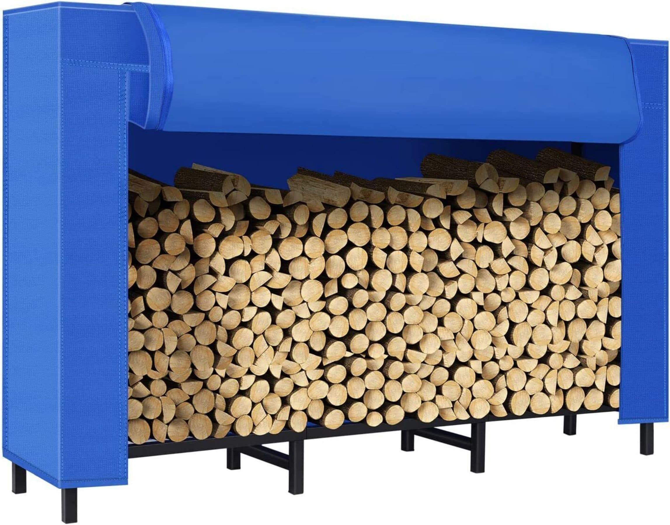 4ft. Black Firewood Metal Rack with Blue Storage Cover