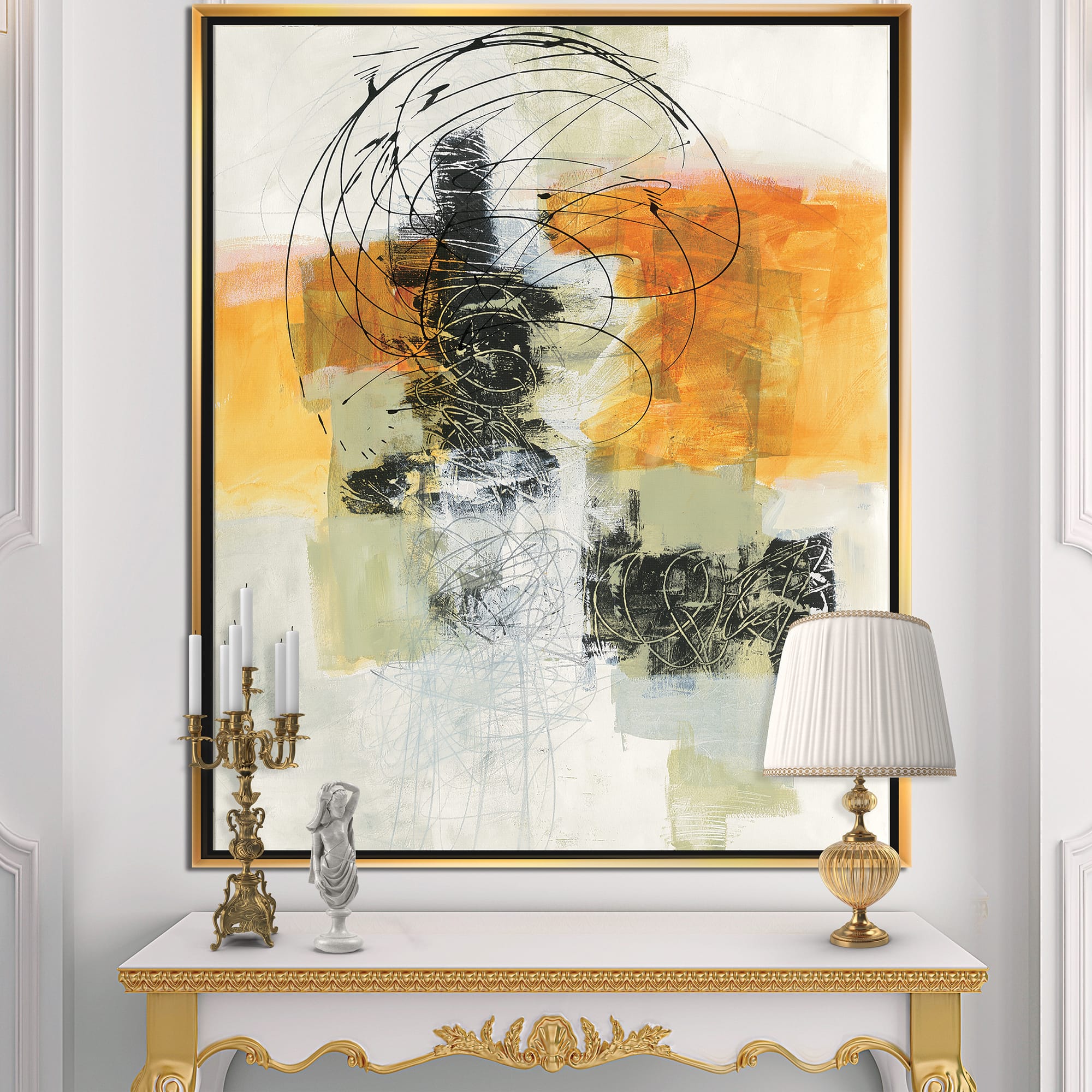 Designart - Abstract Composition of Glamorous Yellow and Black - Contemporary Canvas in Gold Frame