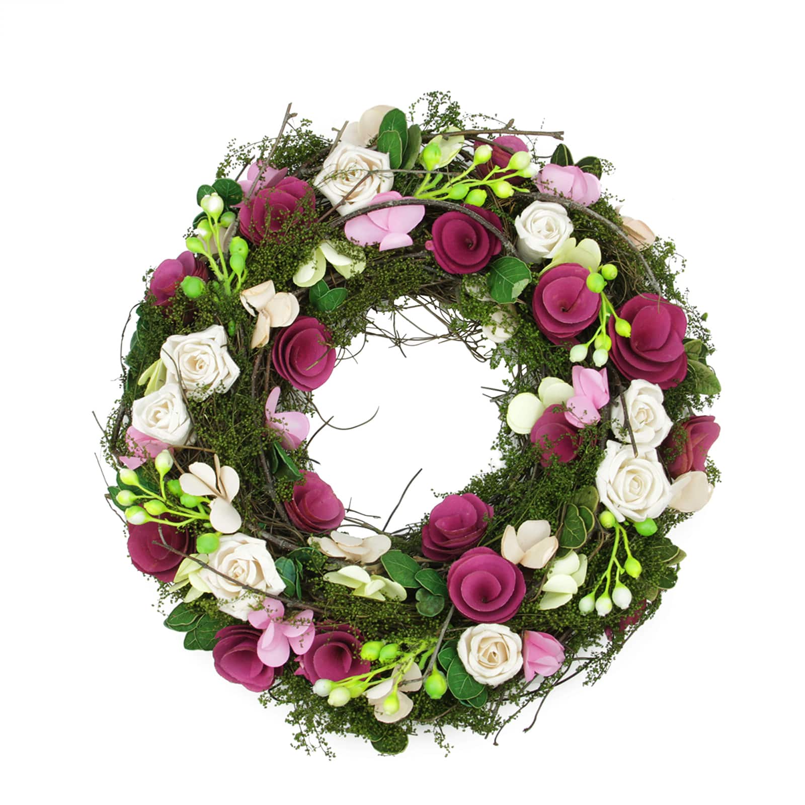 14in Purple &#x26; White Flowers with Green Leaves, Berries, &#x26; Twigs Spring Wreath 