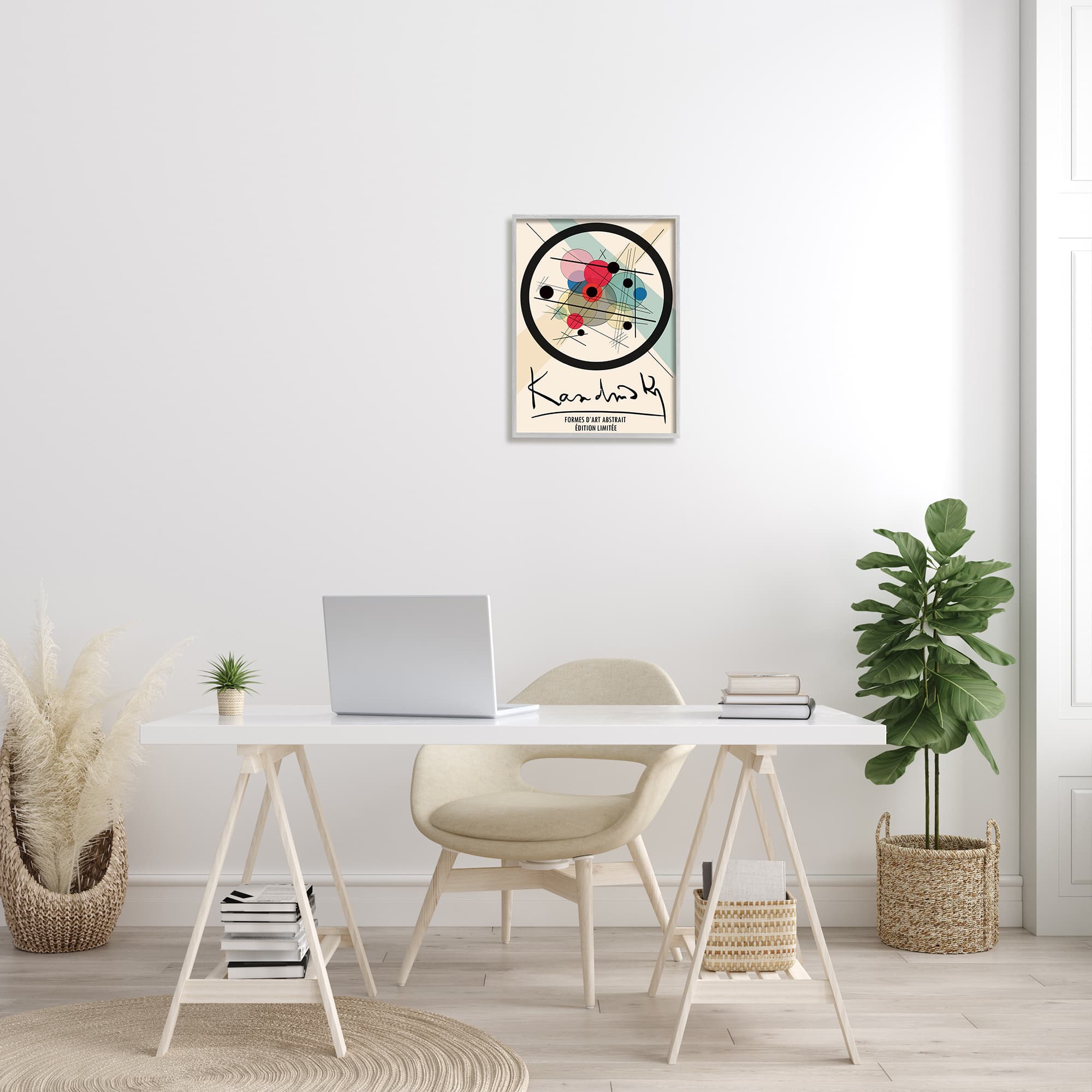 Stupell Industries Kandinsky Traditional Abstract Layered Circles Patchwork Lines in Gray Frame Wall Art