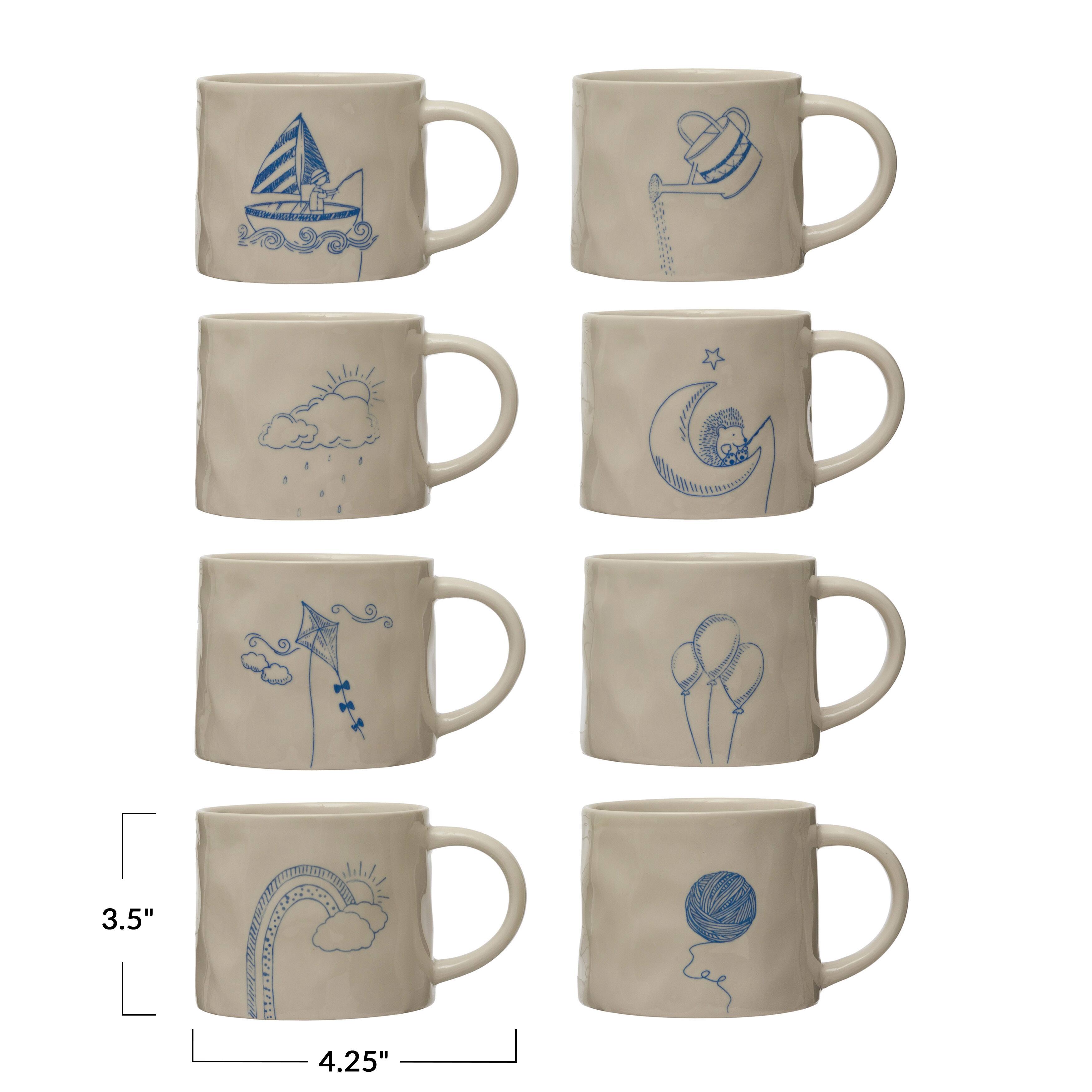 Hello Honey® 16oz. Cream and Blue Stoneware Mug Set with Wax Relief Illustration and Secret Image on Bottom