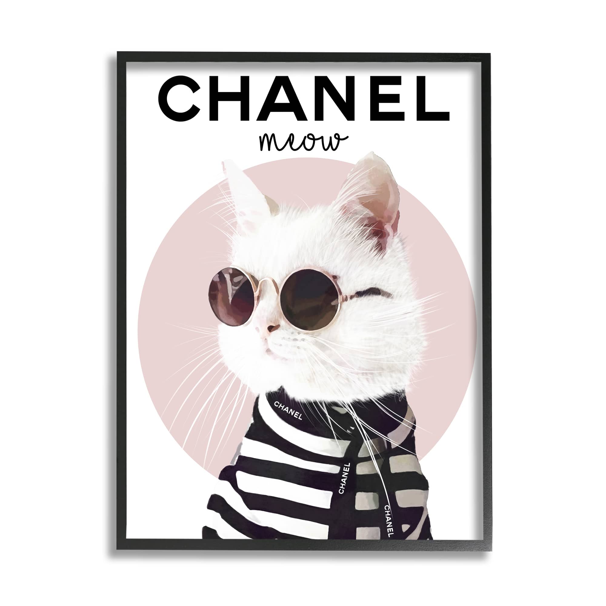 Stupell Industries Chic Kitty Cat Meow Glam Fashion Pink Circle in Black Frame Wall Art