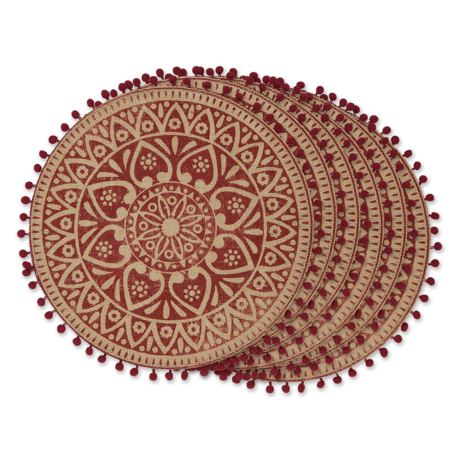 Barn Red Block Print On Natural Round Jute Placemat (Set of 6)