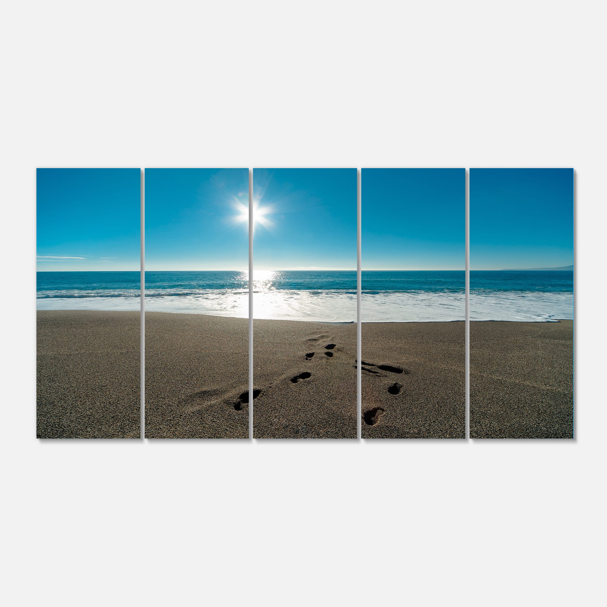 Designart - Blue Sea and Footprints in Sand - Large Seascape Art Canvas Print