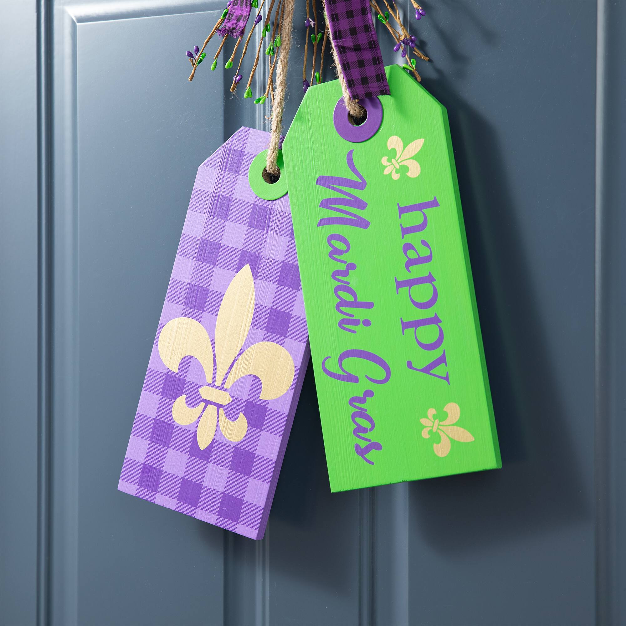 Glitzhome® 25.5" Happy Mardi Gras Day Wooden Bookmark Door Hanger