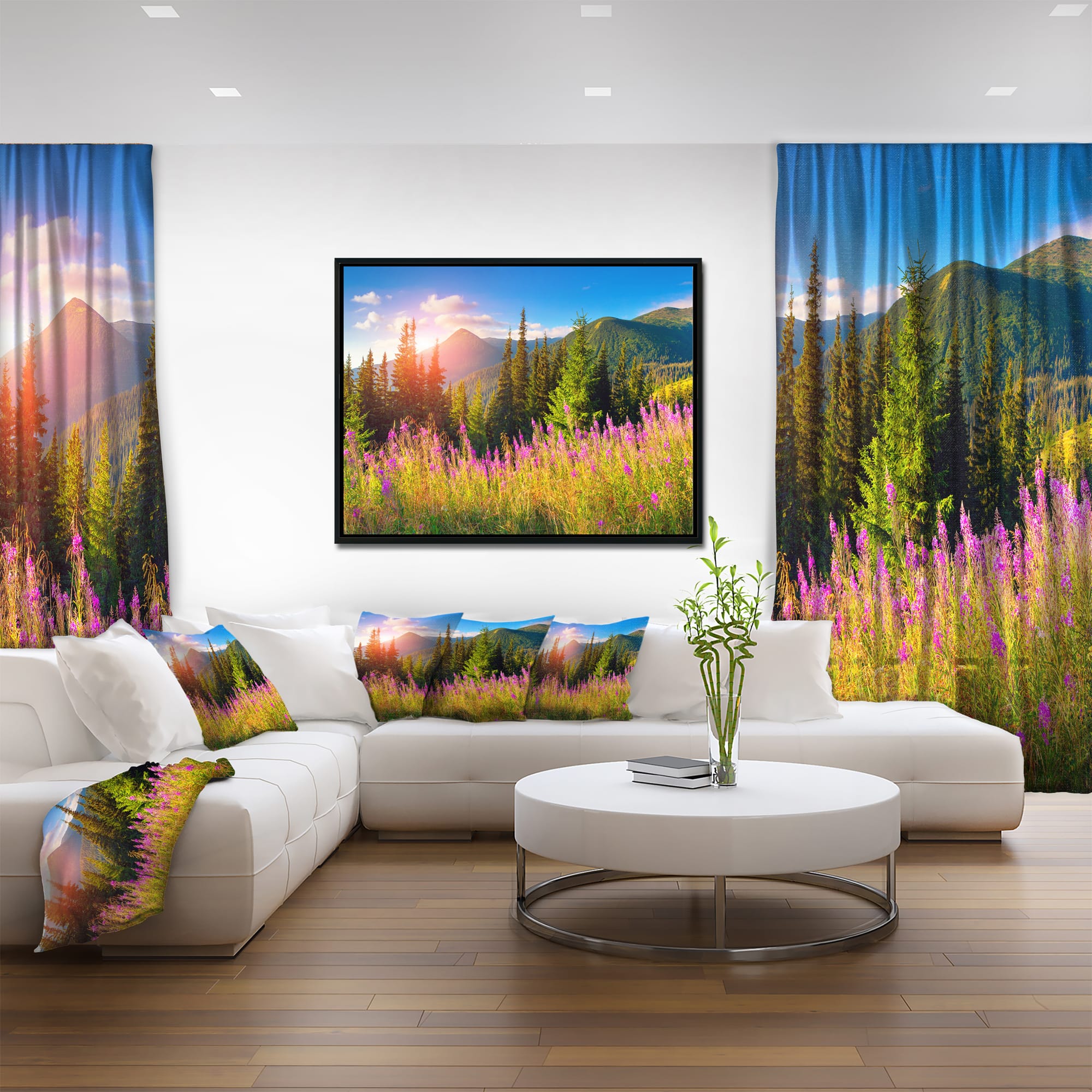 Designart - Mountains with Pink Flowers - Floral Canvas art print in Black Frame