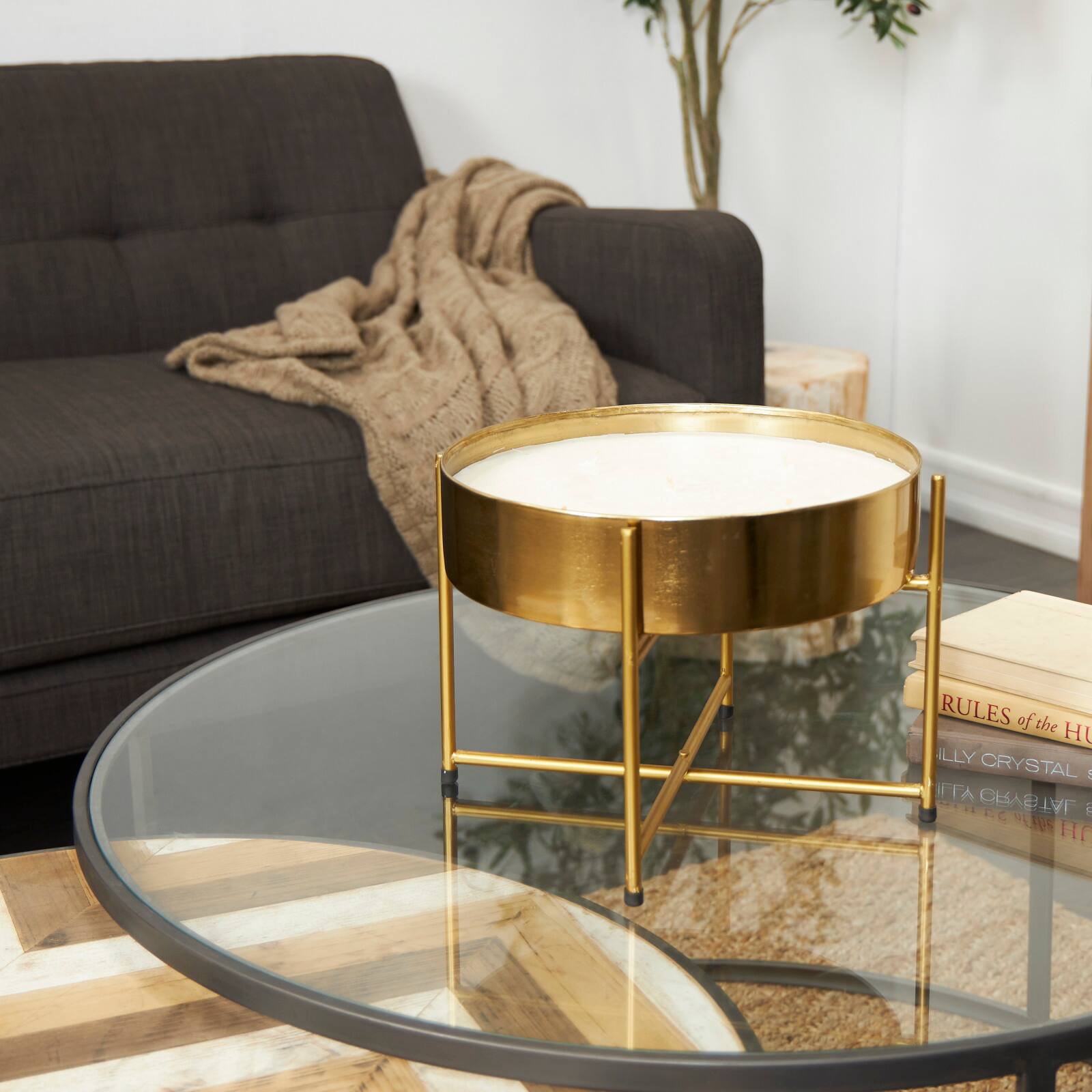 12" White Jasmine Scented 5-Wick Candle with Gold Container and Stand