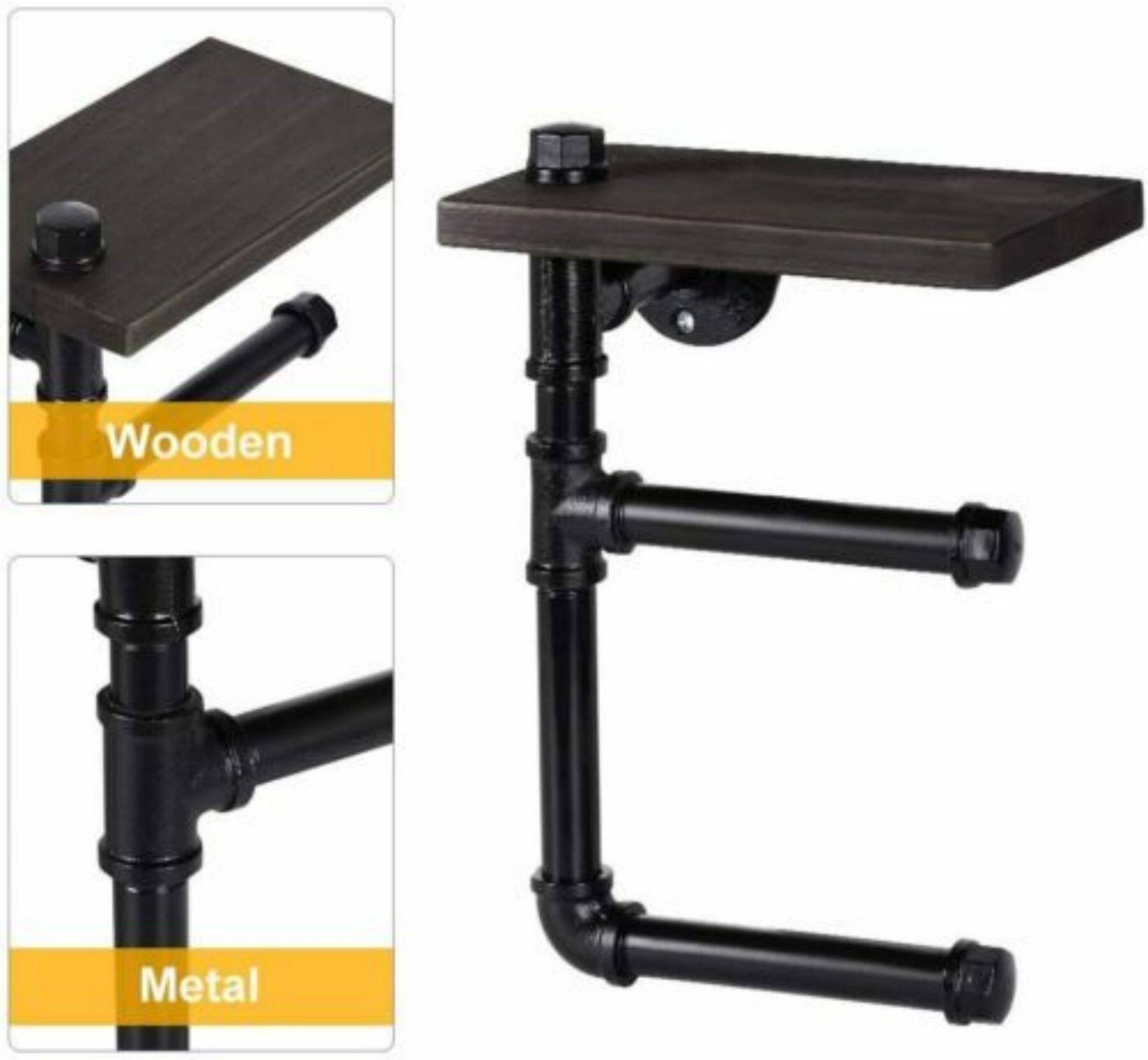 Black Wall-Mounted Double Toilet Paper Holder with Wooden Shelf