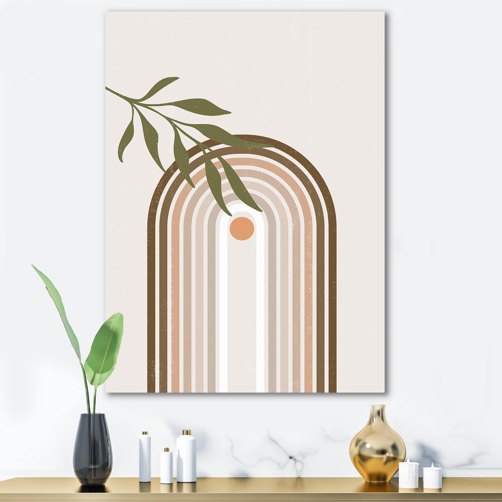 Designart - Abstract Sun and Moon With Green Leaf I