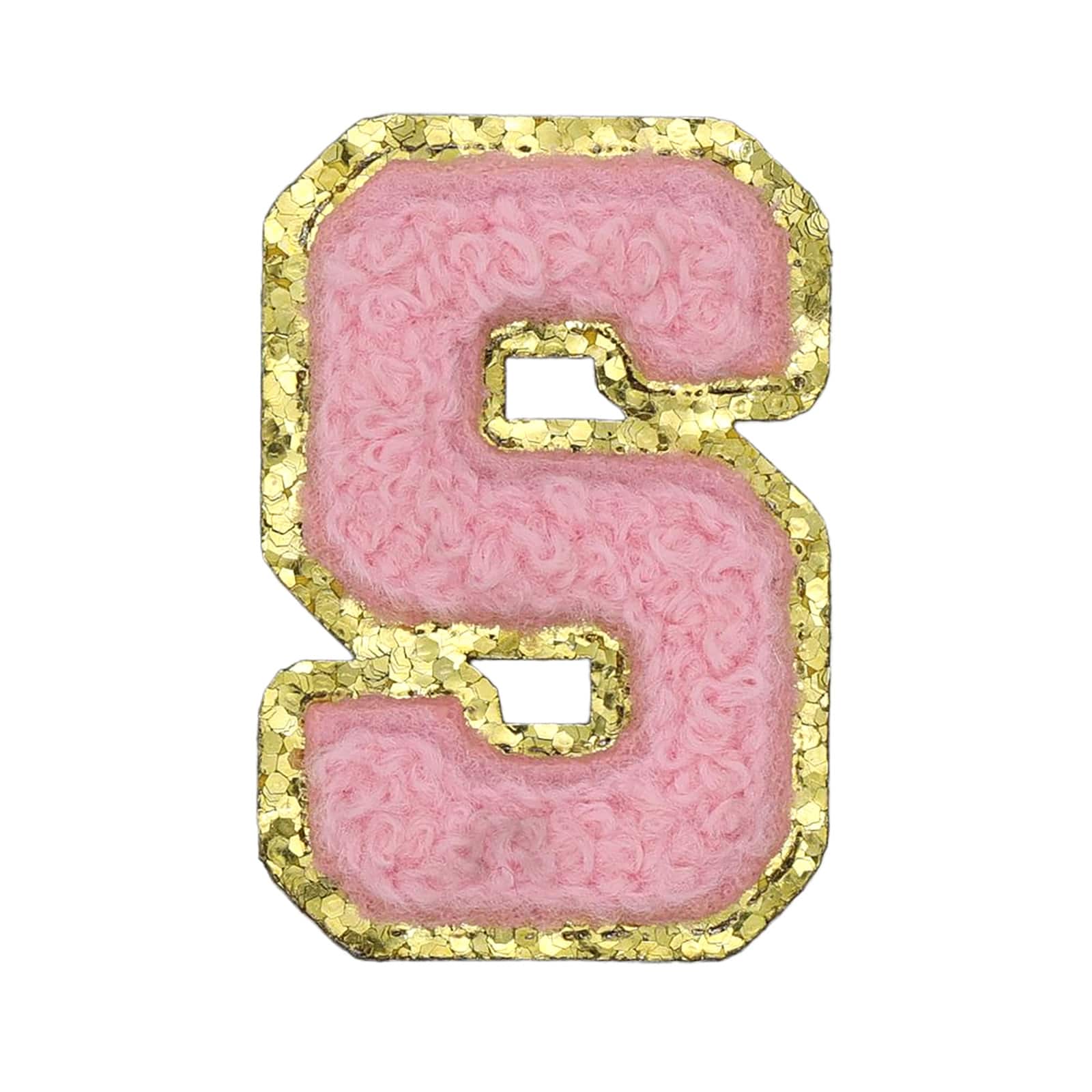 Mini Pink Chenille Letter Iron On &#x26; Adhesive Patch by Make Market&#xAE;