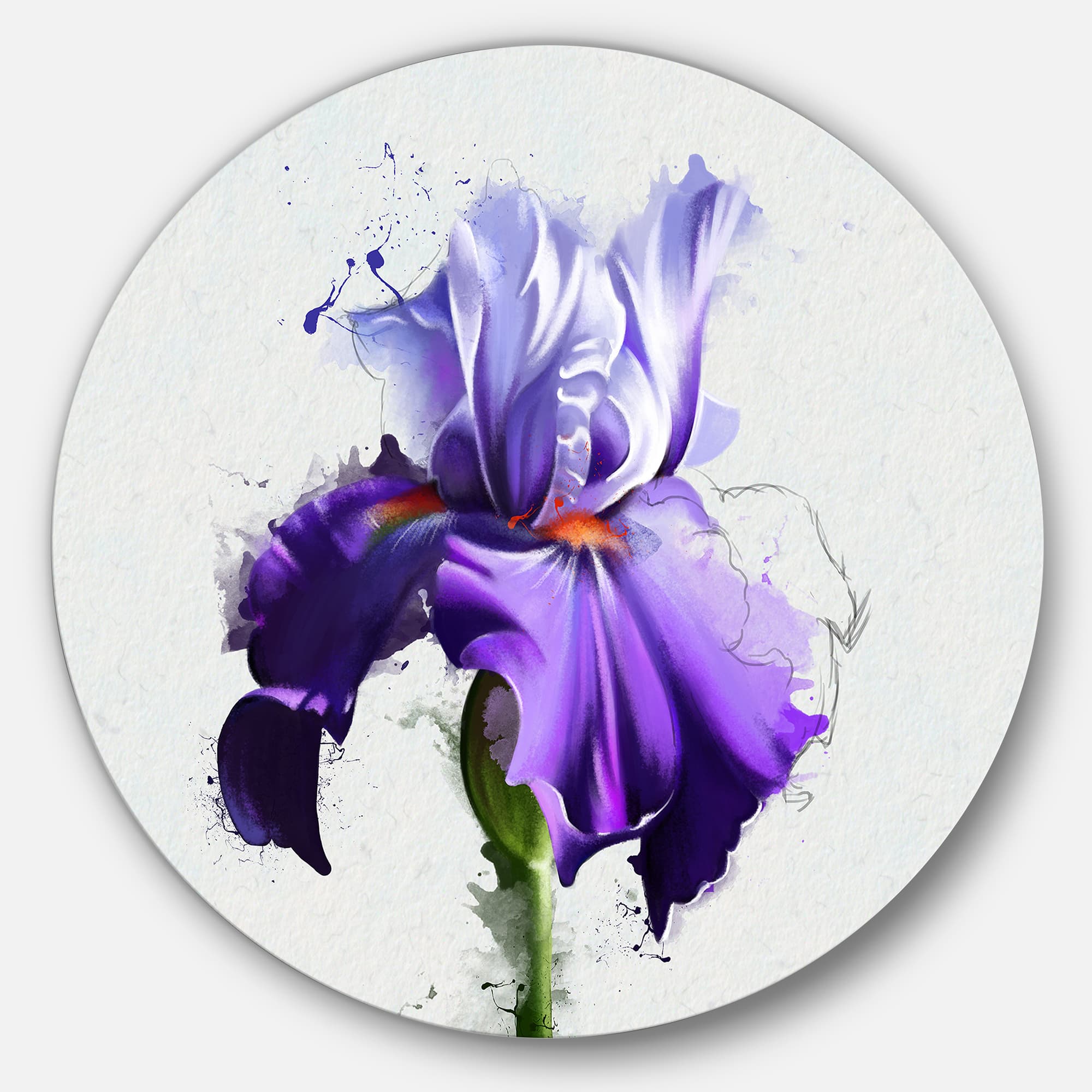 Designart - Beautiful Blue Iris Watercolor Sketch' Disc Floral Metal Circle Wall Art