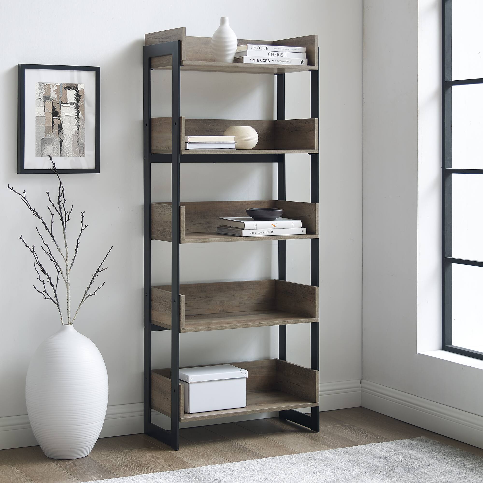 Walker Edison 64&#x22; Graywash 5-Shelf Bookshelf
