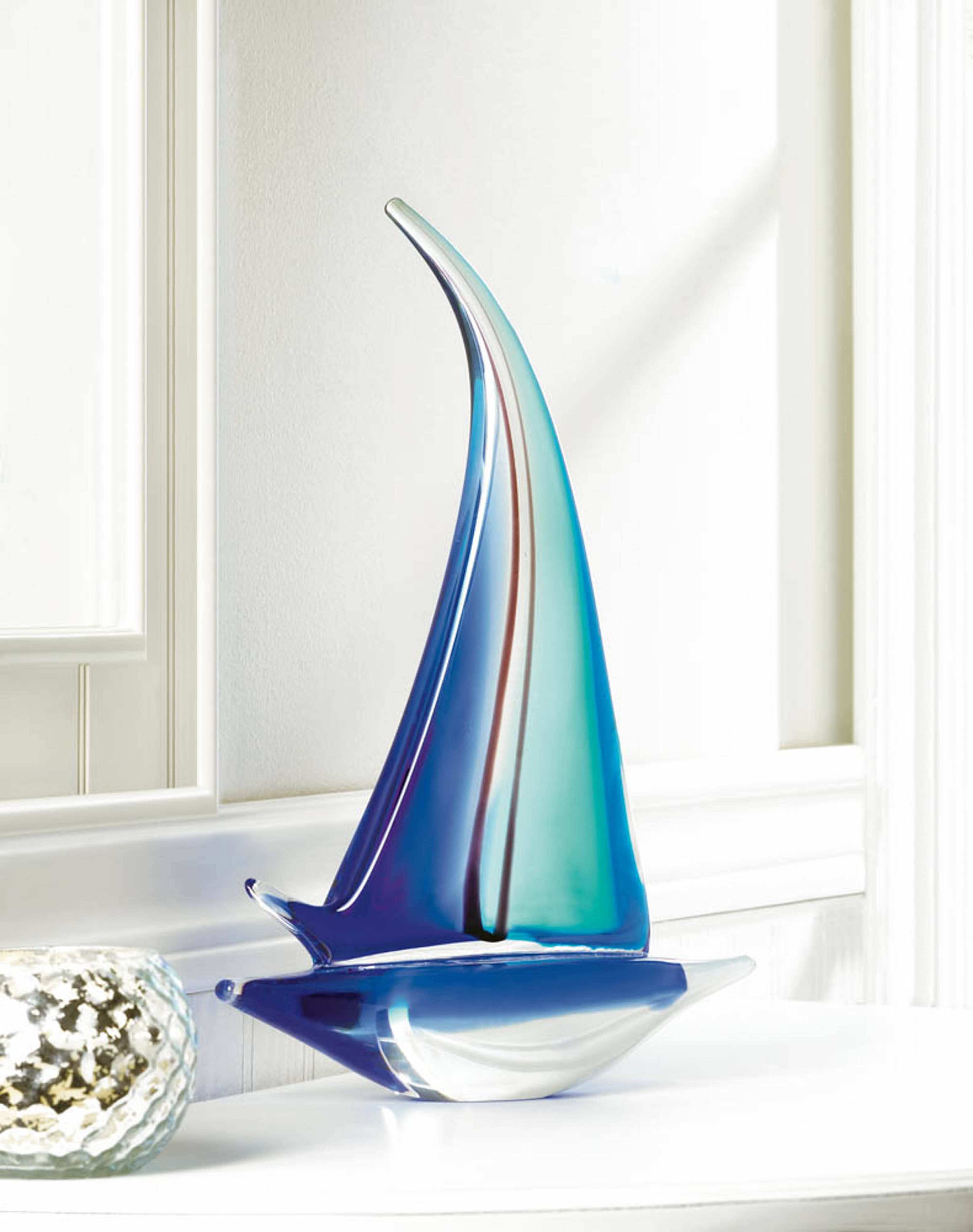 12.5&#x22; Blue Sailboat Art Glass Statue
