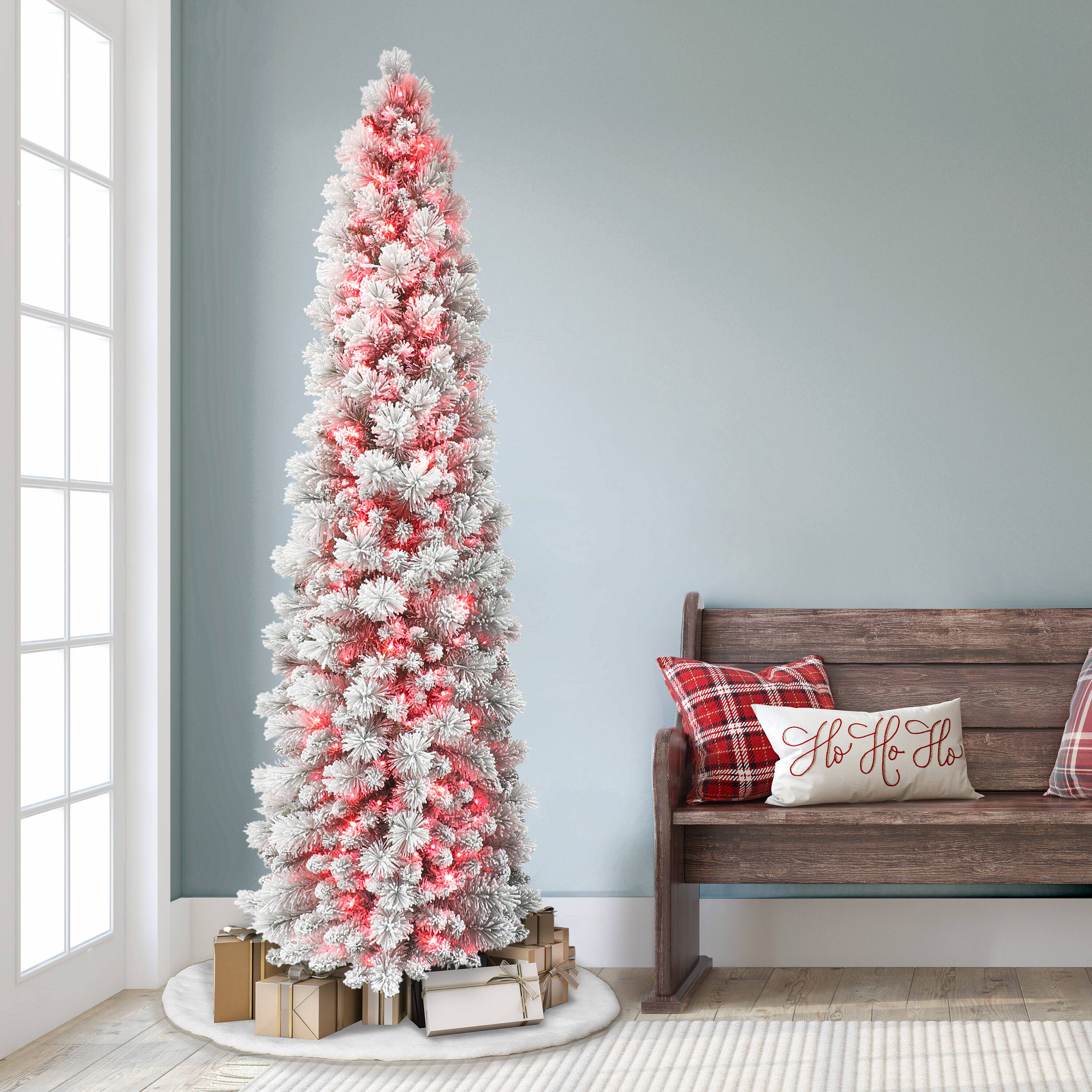 7.5ft. Pre-Lit Flocked Portland Pine Artificial Pencil Christmas Tree, Pink Lights