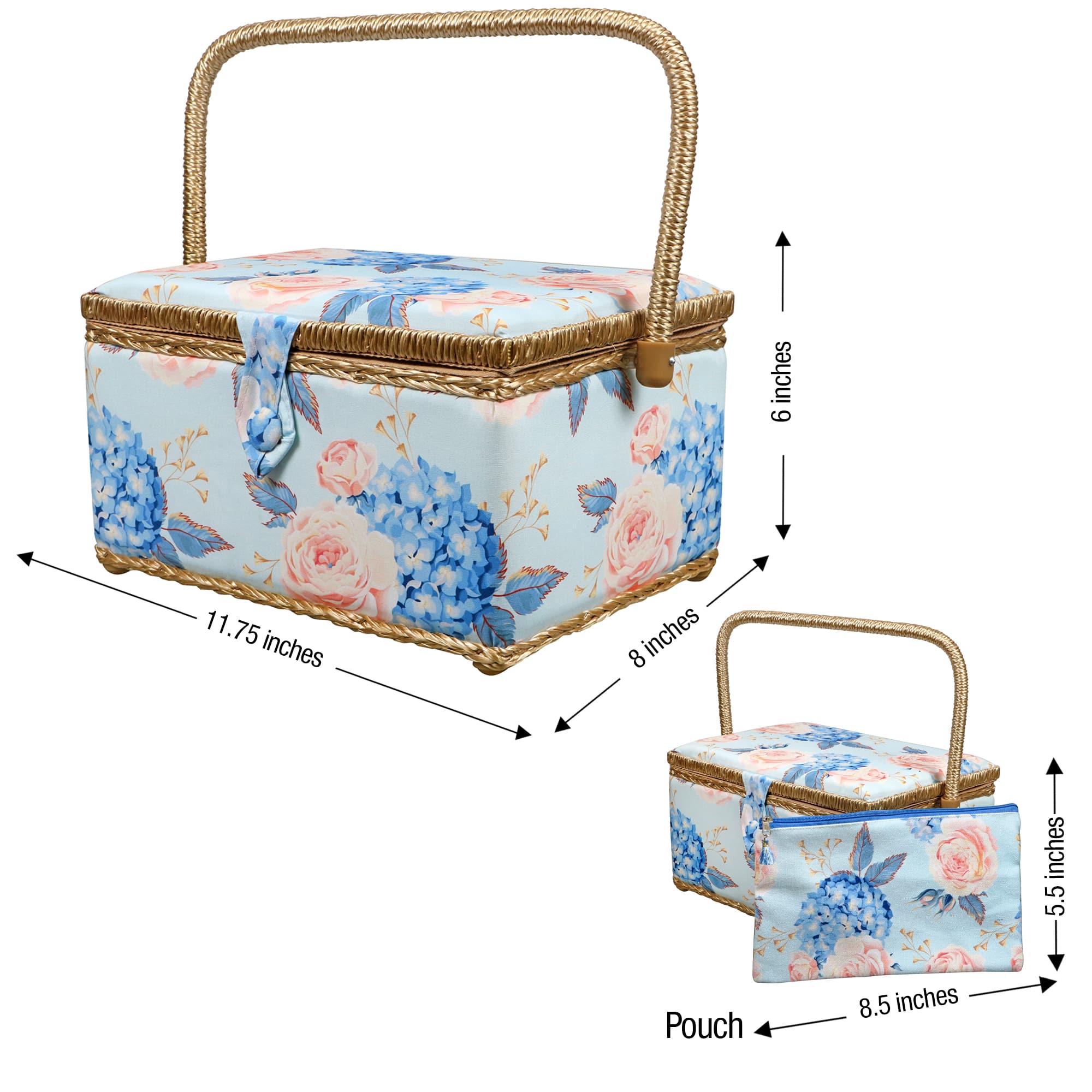 SINGER&#xAE; Large Blue Hydrangeas Print Sewing Basket with Matching Zipper Pouch