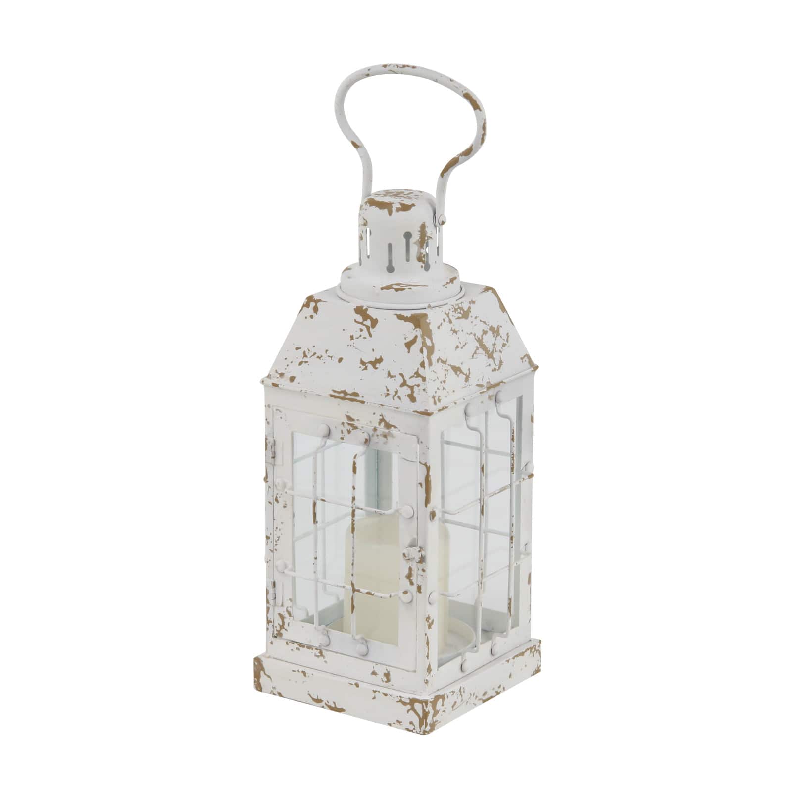 White Iron Vintage Candle Holder Lantern, 14" x 7" x 7"