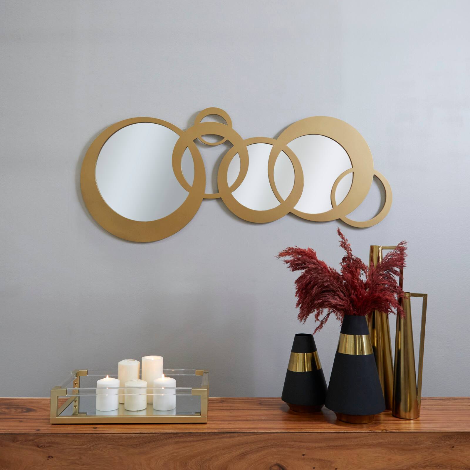 Gold Wood Circles Geometric Wall Mirror 56&#x22; x 1&#x22; x 23&#x22;