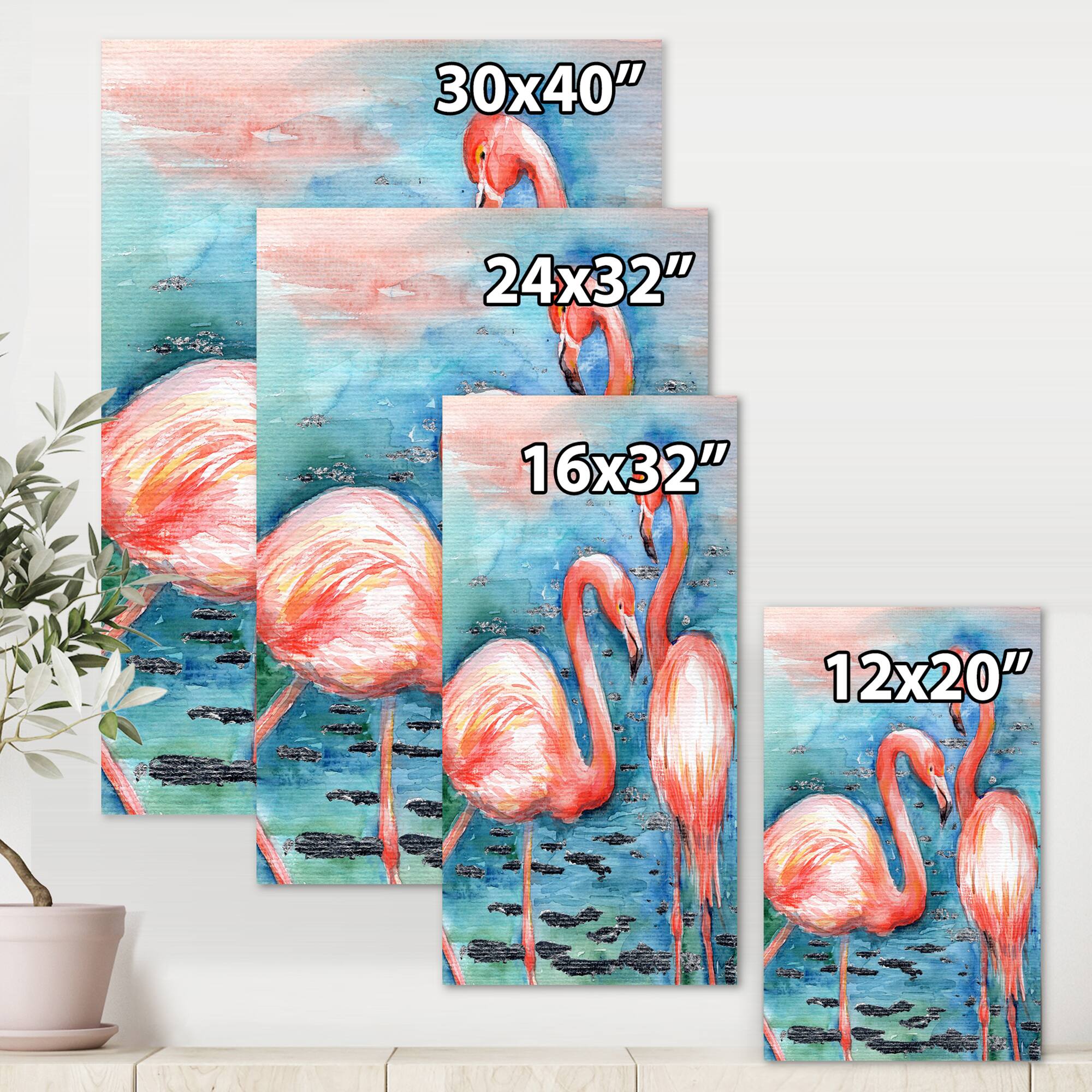 Designart - Pink Flamingos In Blue Water I - Farmhouse Canvas Wall Art Print