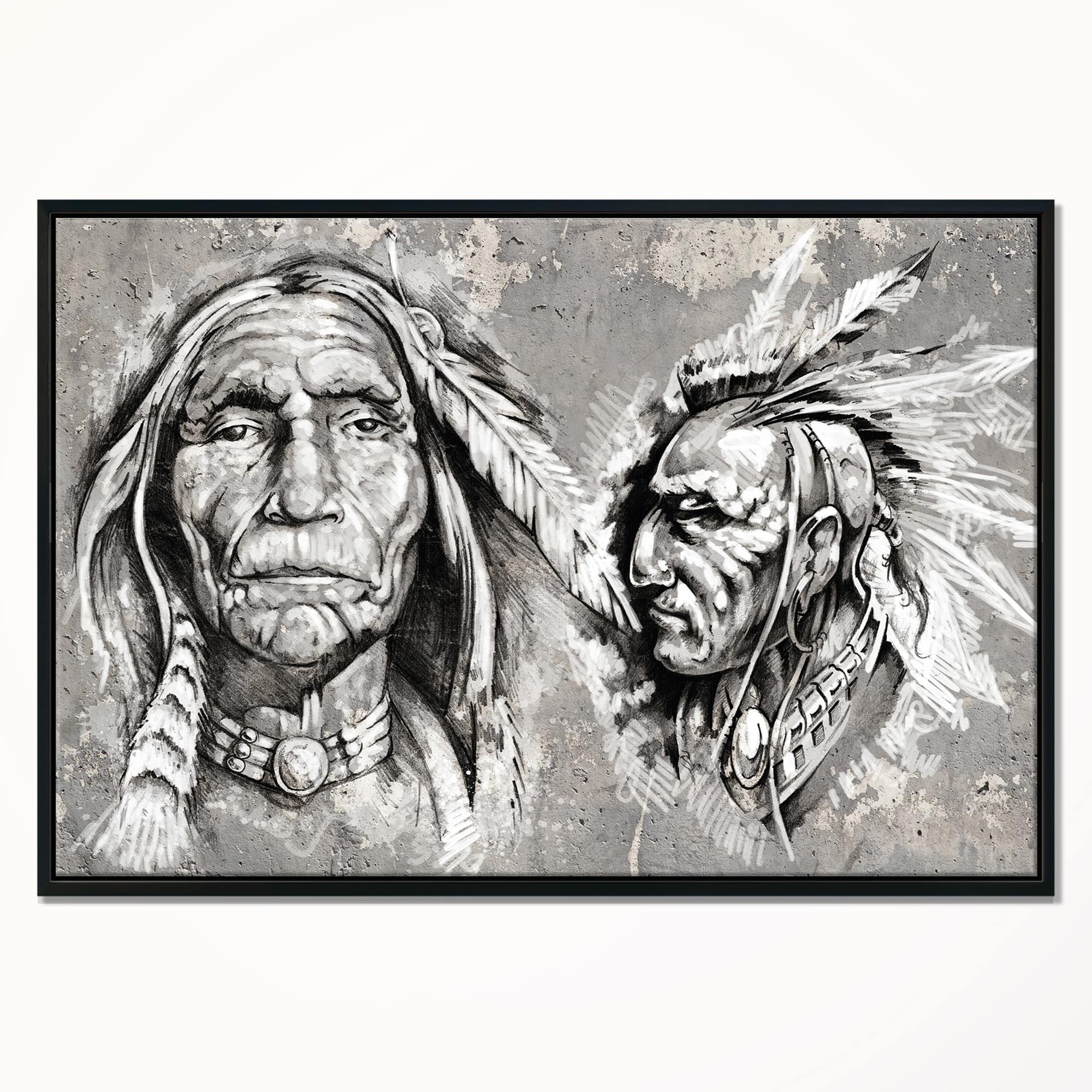 Designart - Native American Indian Heads - Abstract Portrait Canvas Print in Black Frame