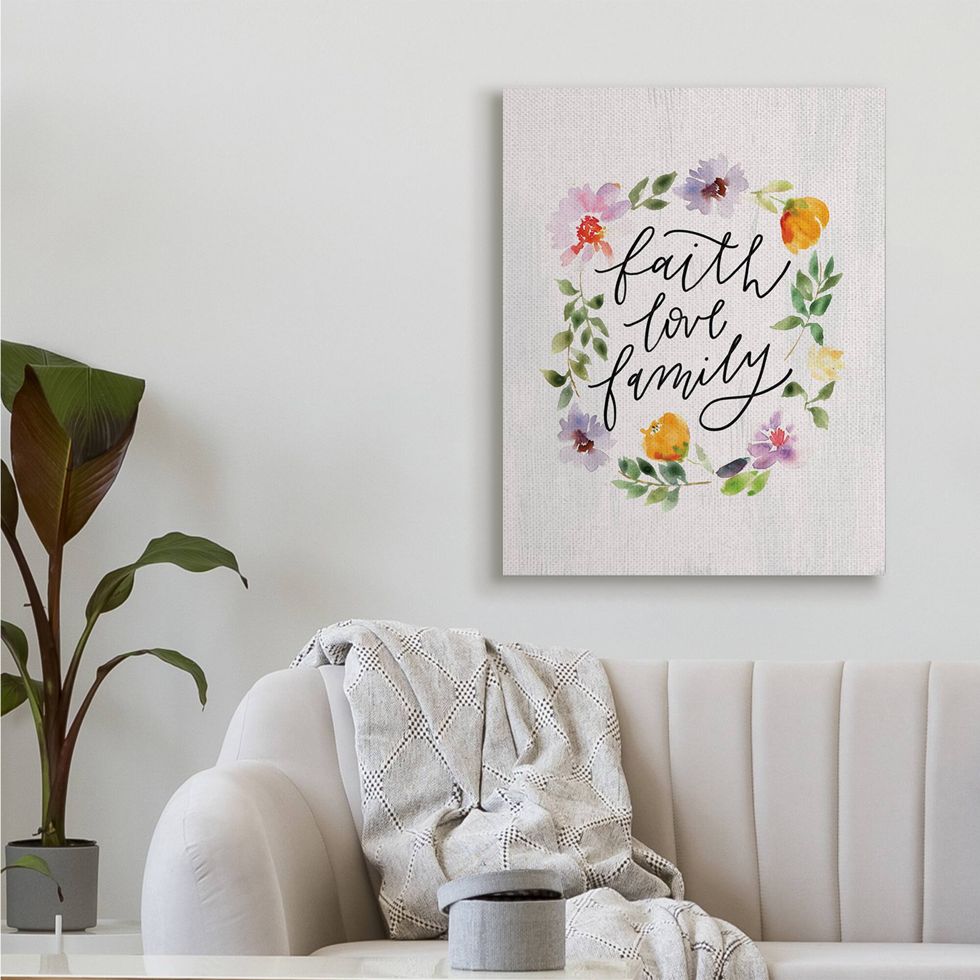 Stupell Industries Faith Love Family Quote Traditional Floral Wreath Canvas Wall Art