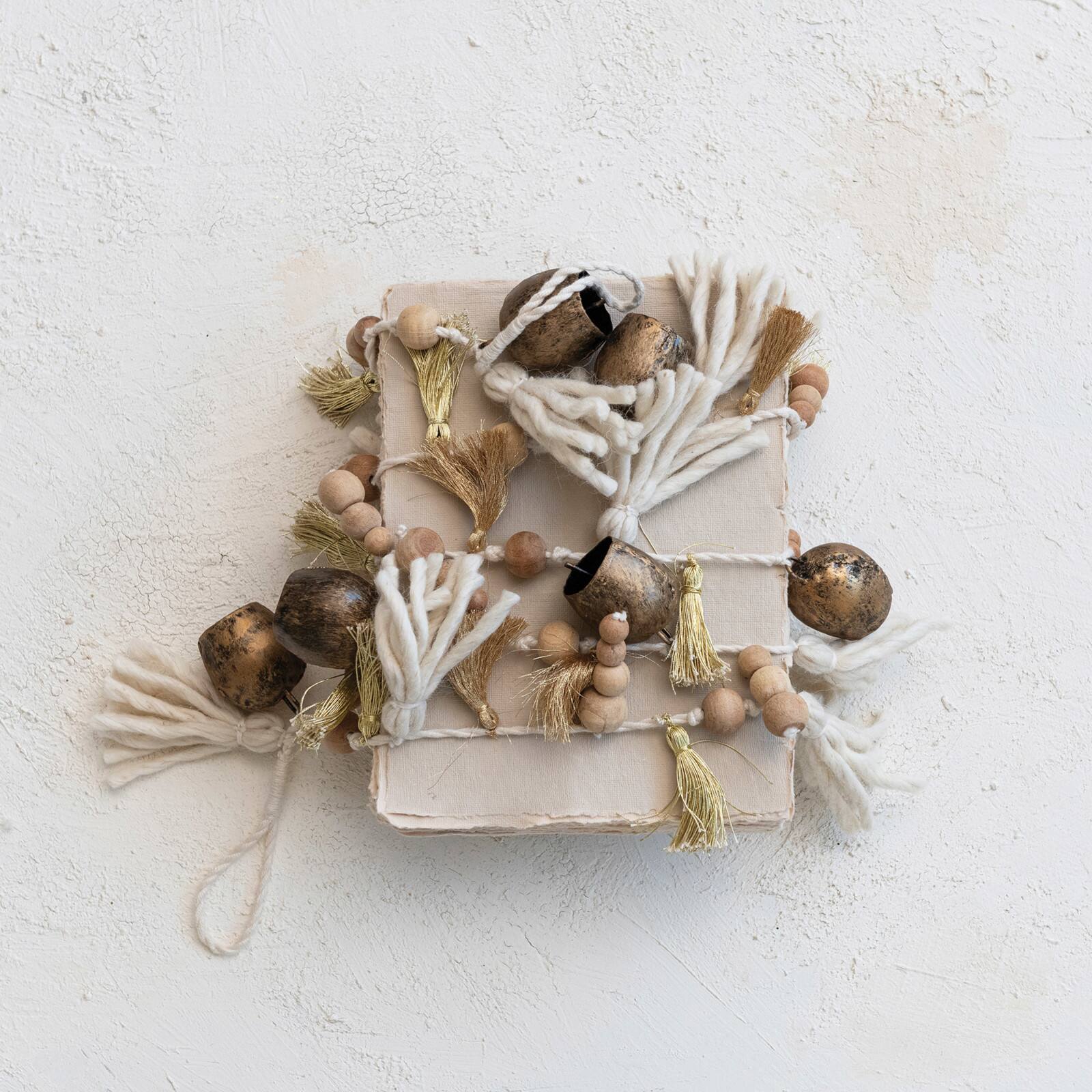 Hello Honey® 6ft. Natural & Antique Brass Handmade Bells, Beads & Tassels Garland