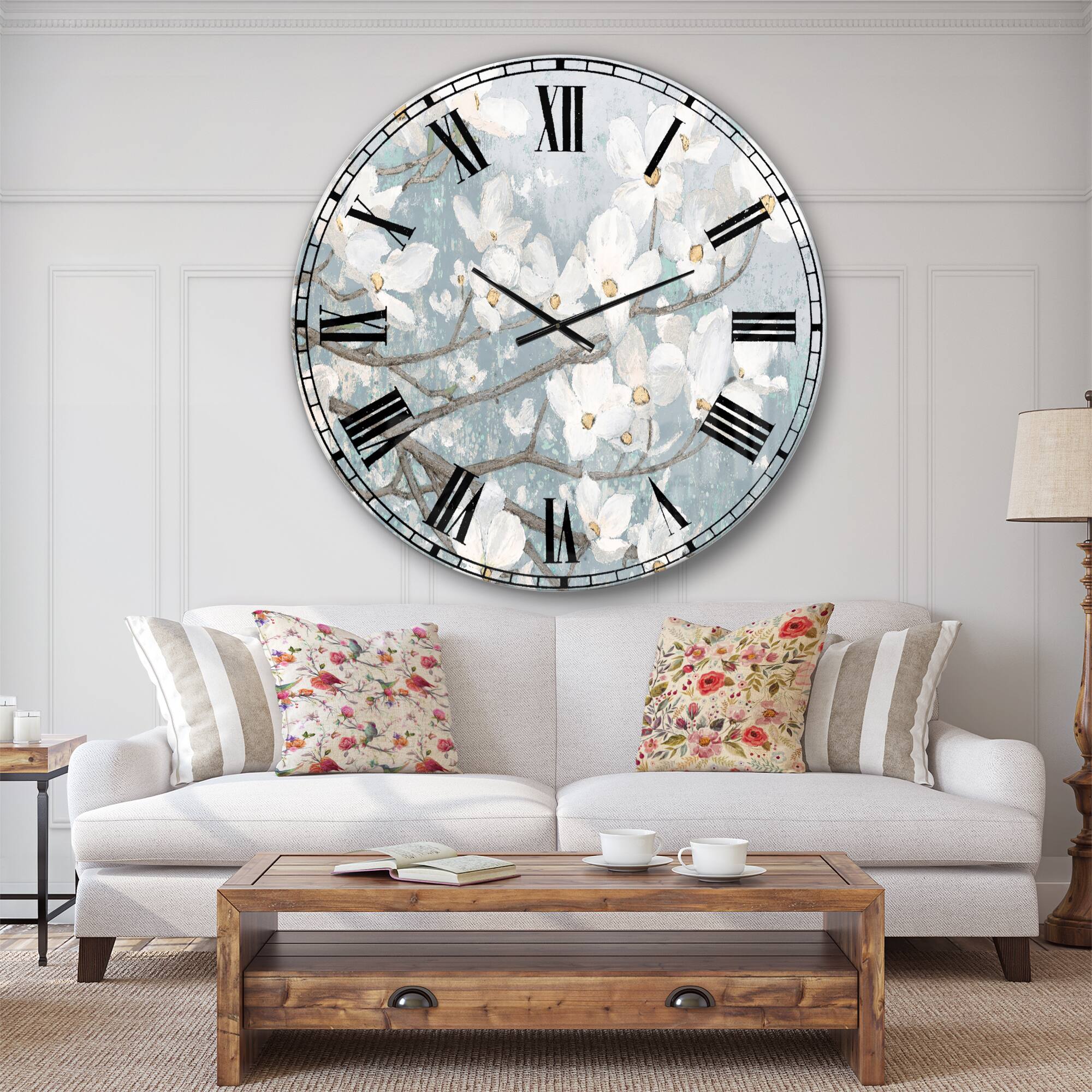Designart Blue On Gray Blossoms Wall Clock