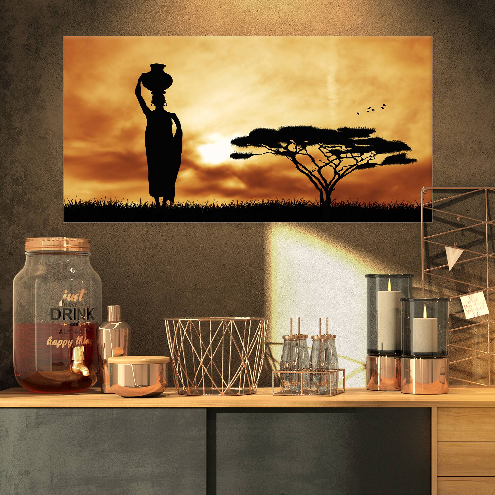 Designart - African Woman and Lonely Tree - African Landscape Canvas Art Print