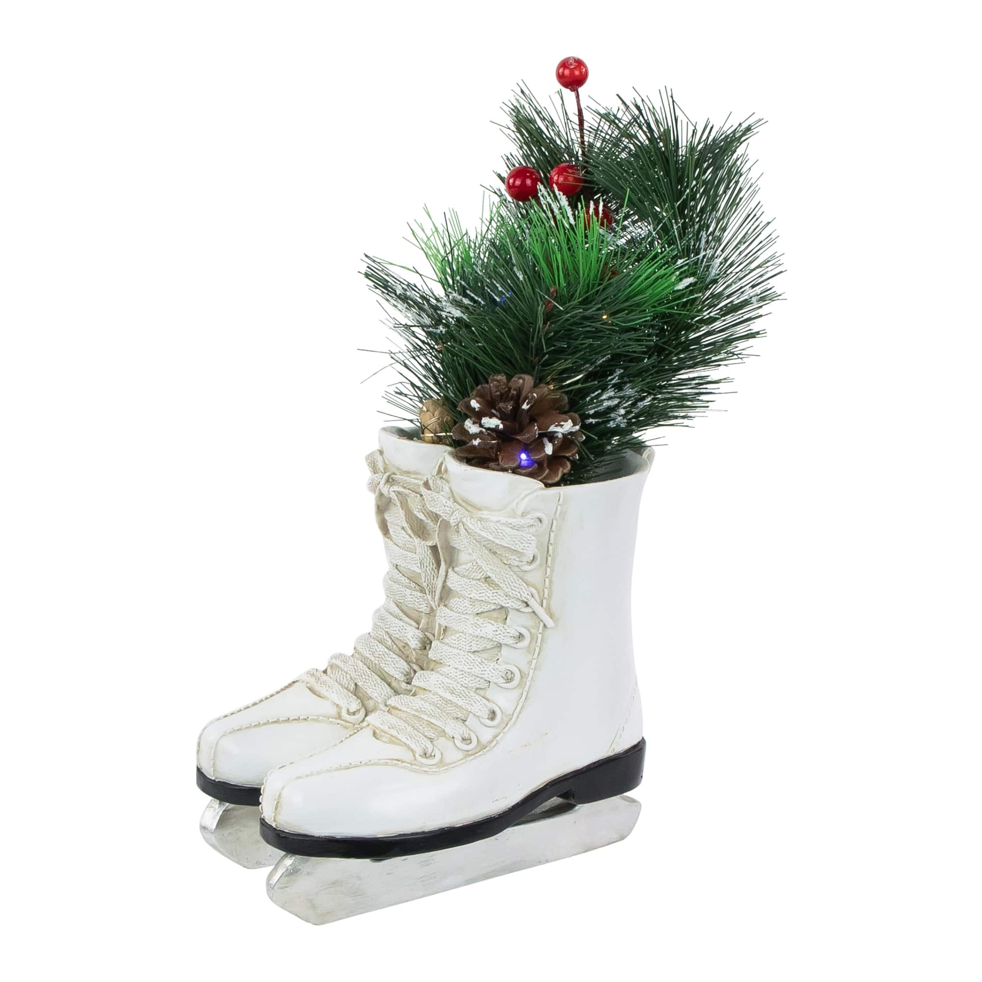 12" LED Lighted White Skates with Floral Arrangement Christmas Decoration