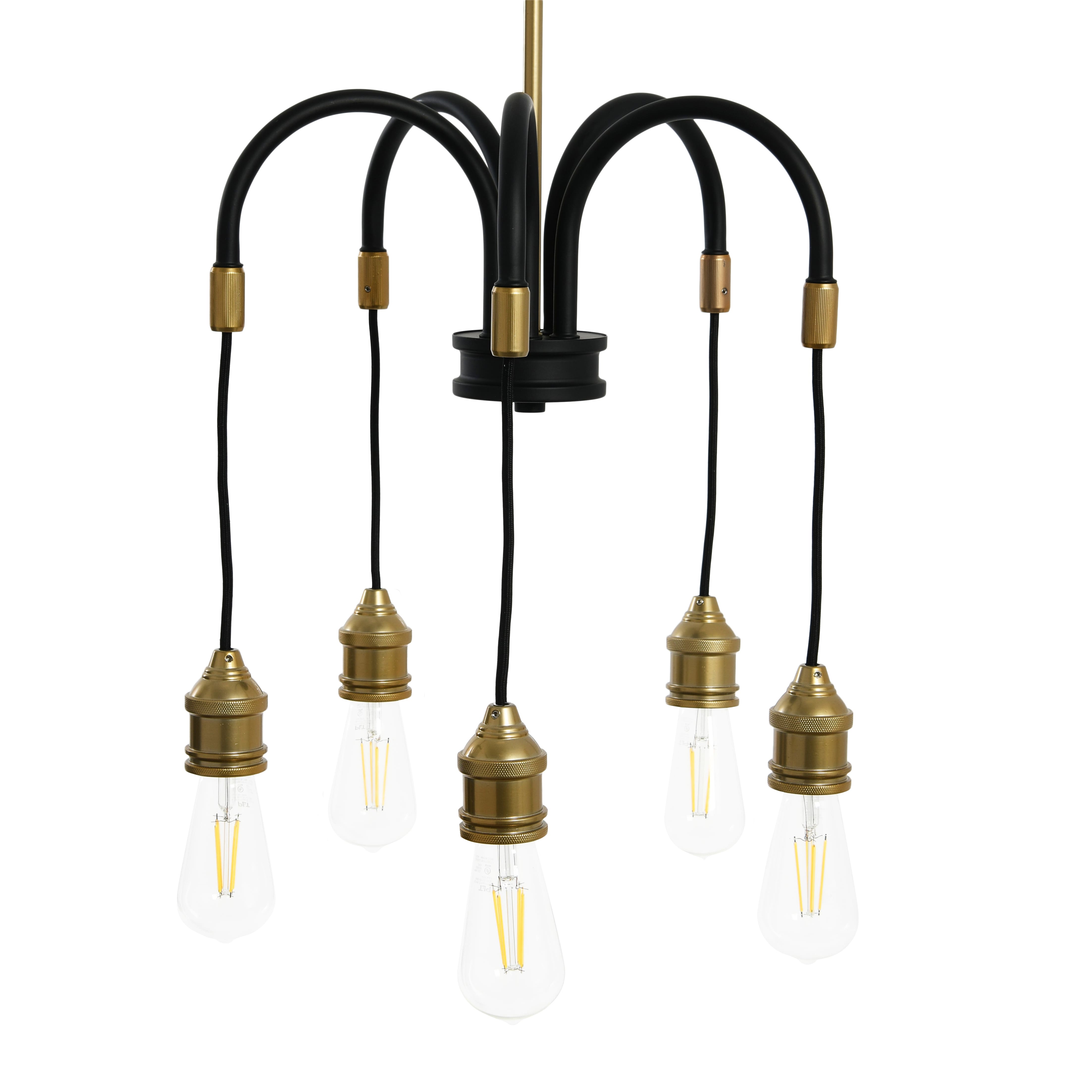Hello Honey® Robert Stevenson Lighting Harper 19" Black and Brass 5-Light Exposed Bulb 2-Tone Metal Chandelier