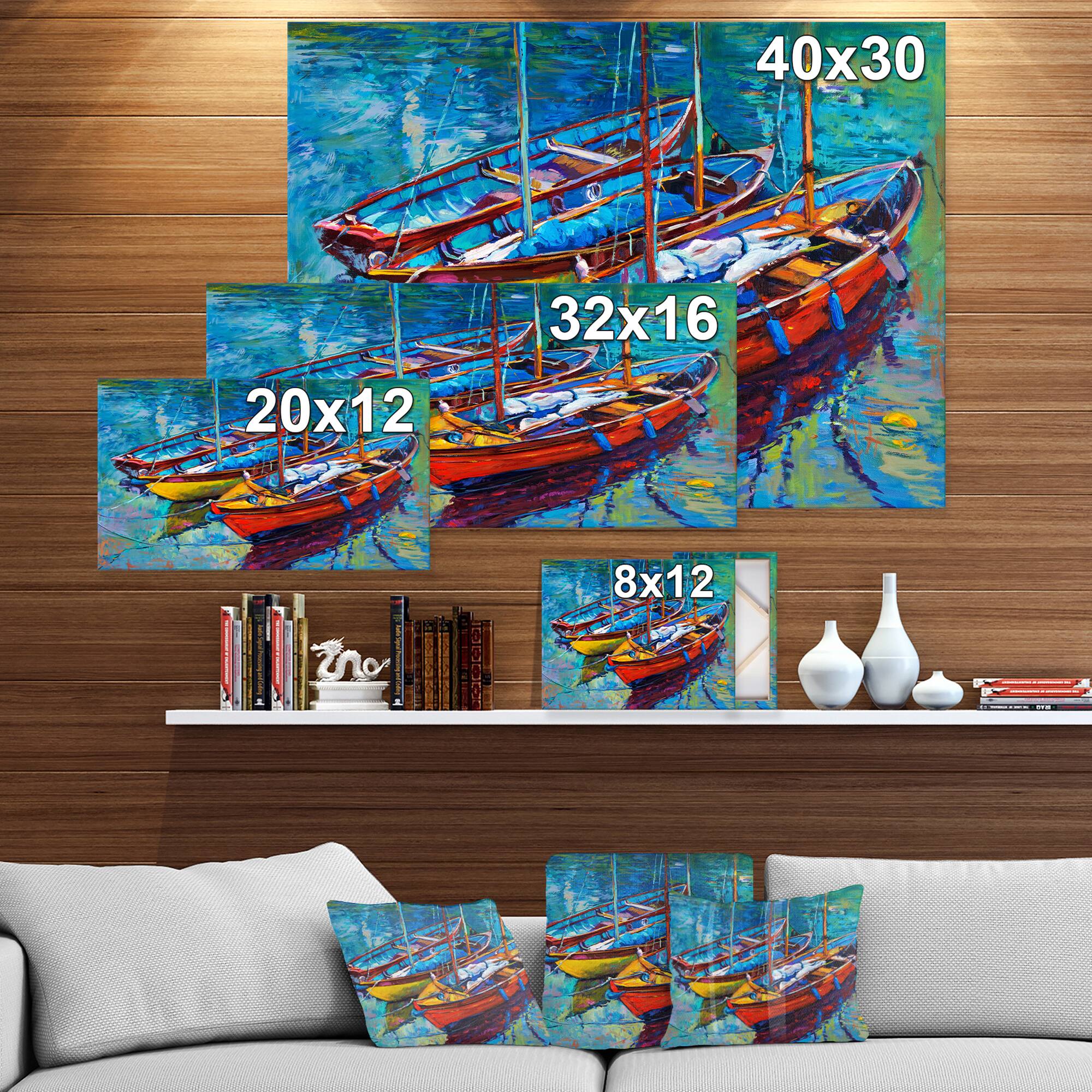Designart - Three Fishing Boat Oil Painting - Sea & Shore Painting Print on Wrapped Canvas