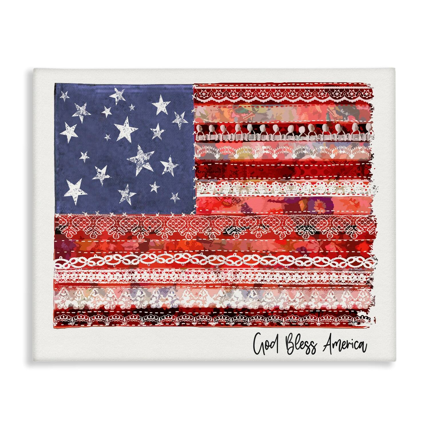 Stupell Industries God Bless America Phrase Macrame Pattern Flag Canvas Wall Art