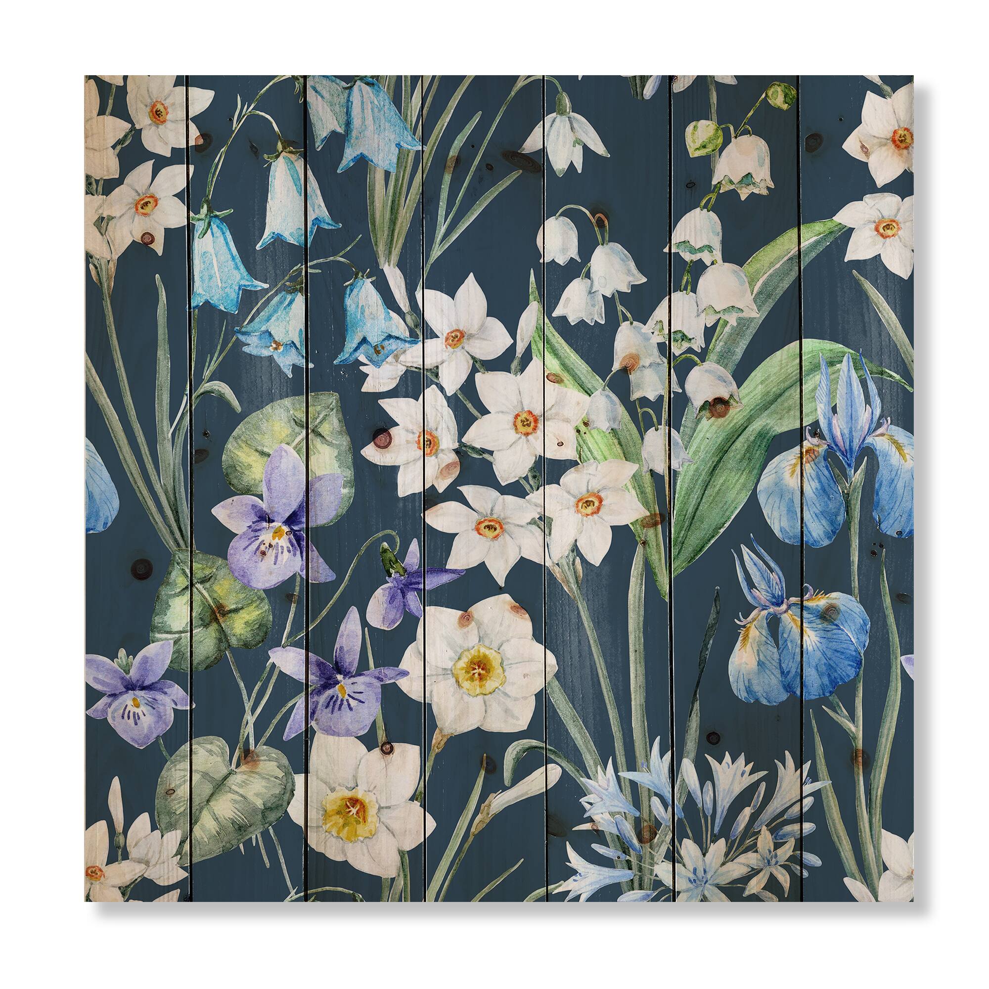 Designart - White and Blue Spring Flowers On Dark Blue - Traditional Print on Natural Pine Wood