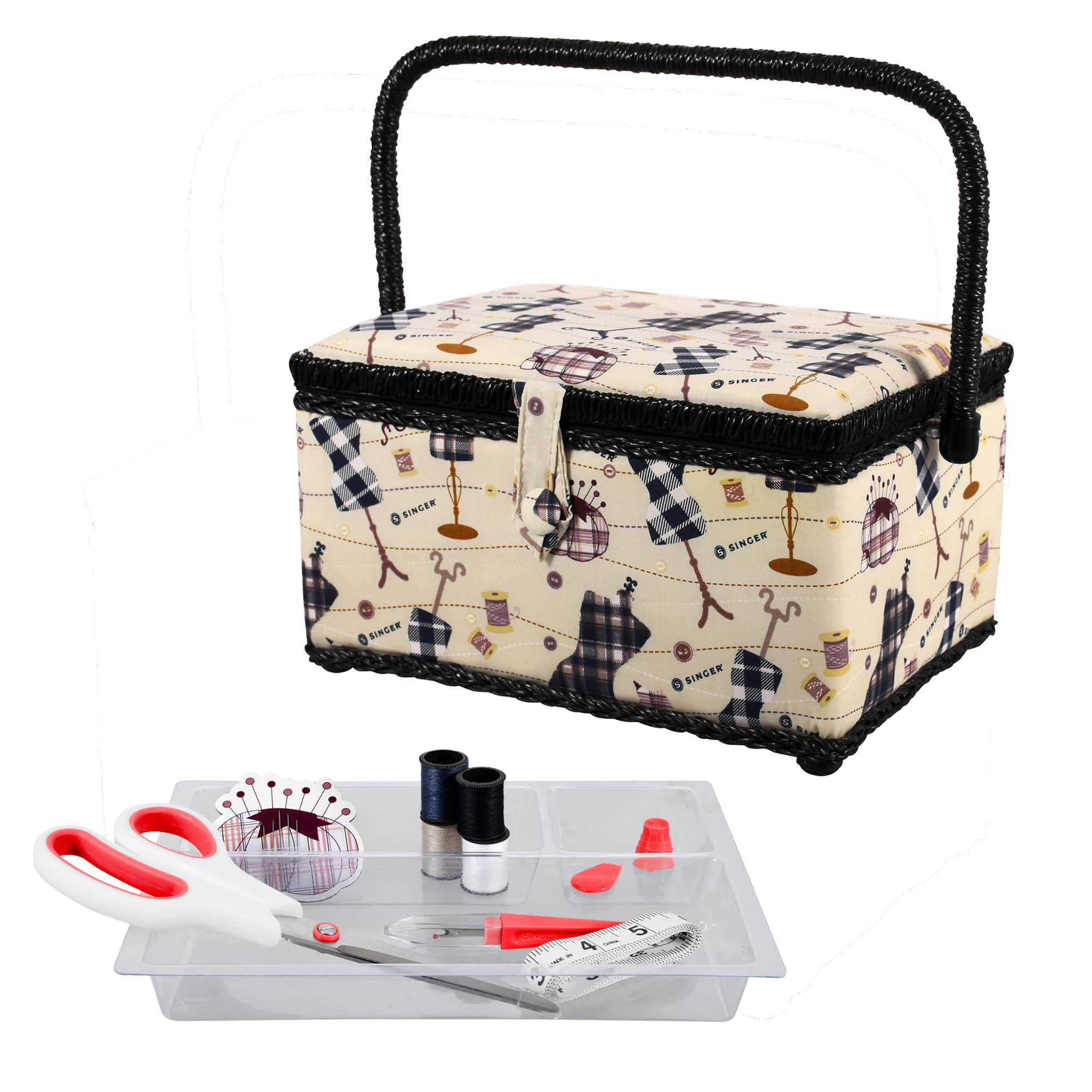 SINGER&#xAE; Large Classic Sewing Print Sewing Basket with Sewing Scissors &#x26; Notions