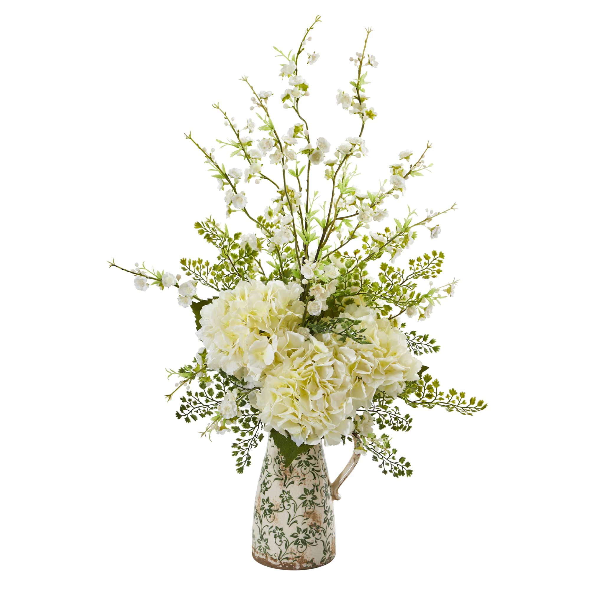 27" Cherry Blossom, Hydrangea and Maiden Hair Artificial Arrangement in Floral Pitcher