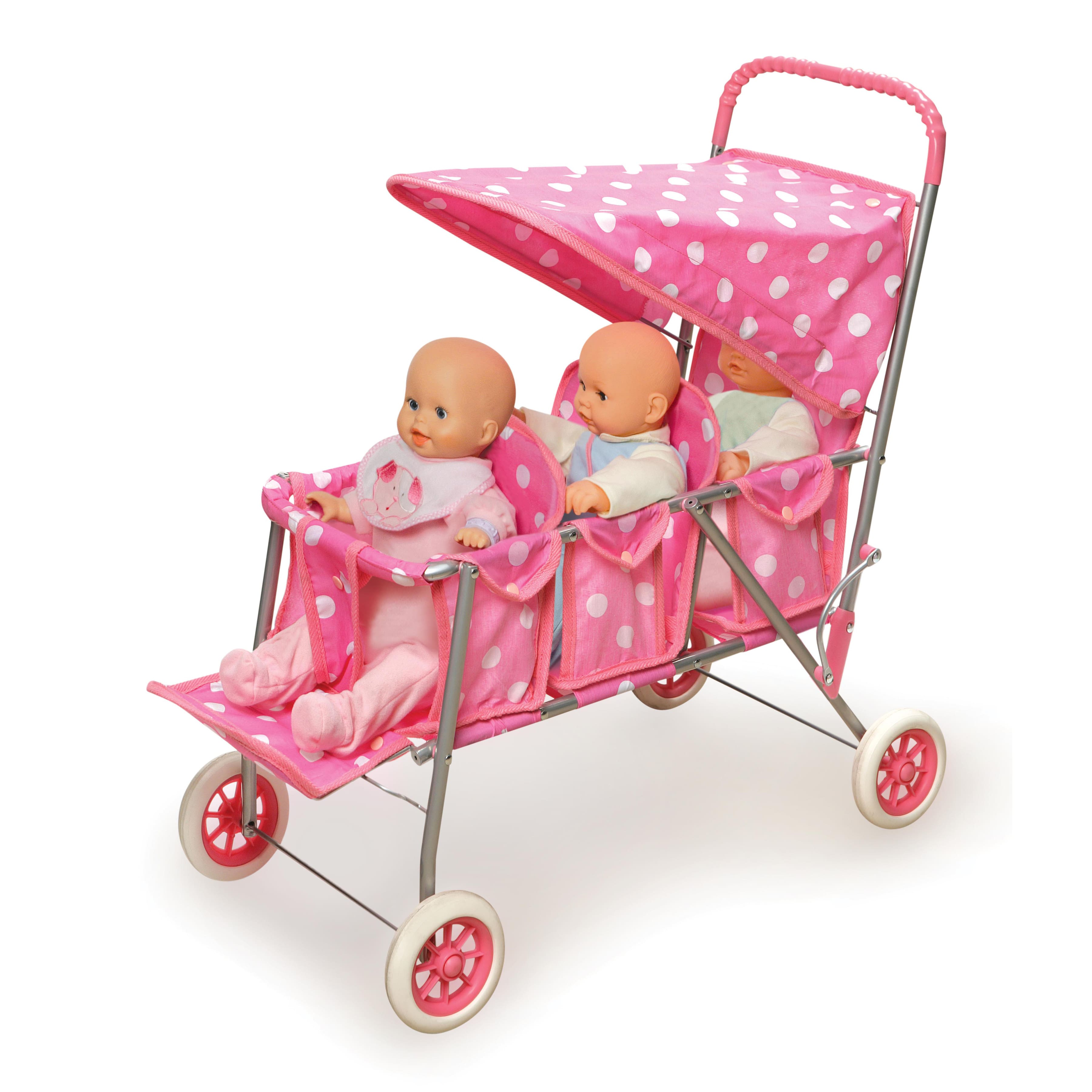 Badger Basket Pink &#x26; White Polka Dots Folding Triple Doll Stroller