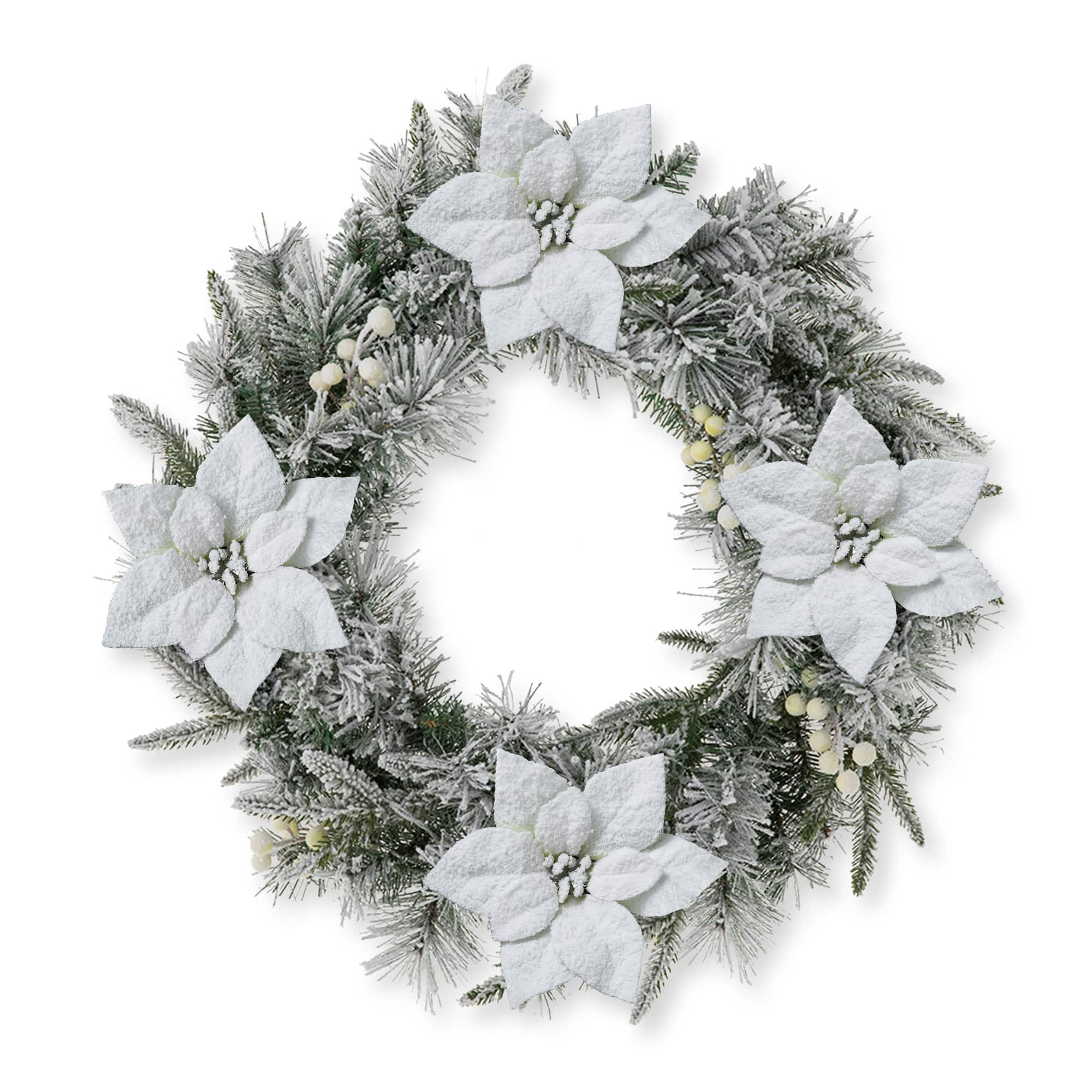 Glitzhome® 24" Pre-Lit Snow Flocked Greenery Pine Poinsettia Christmas Wreath