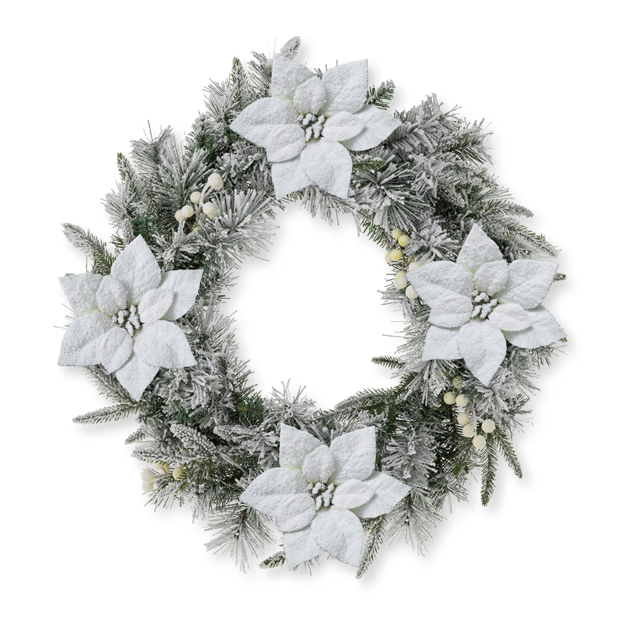 Glitzhome&#xAE; 24&#x22; Pre-Lit Snow Flocked Greenery Pine Poinsettia Christmas Wreath