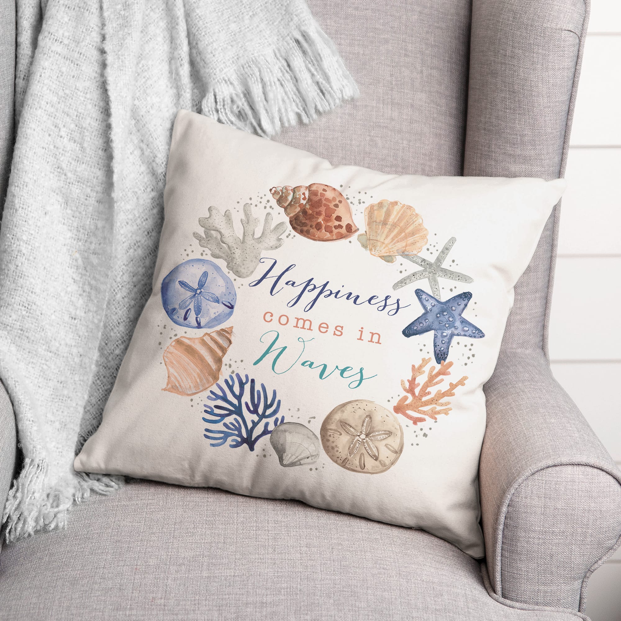 Happiness Comes in Waves Throw Pillow