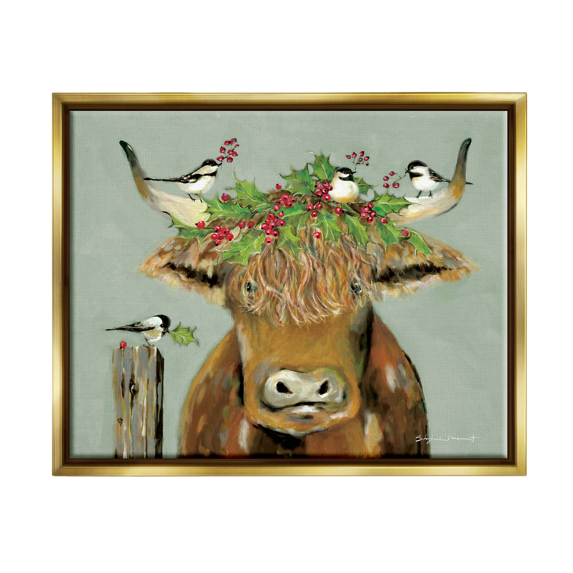 Stupell Industries Cattle & Birds Holiday Holly Framed Floater Canvas Wall Art