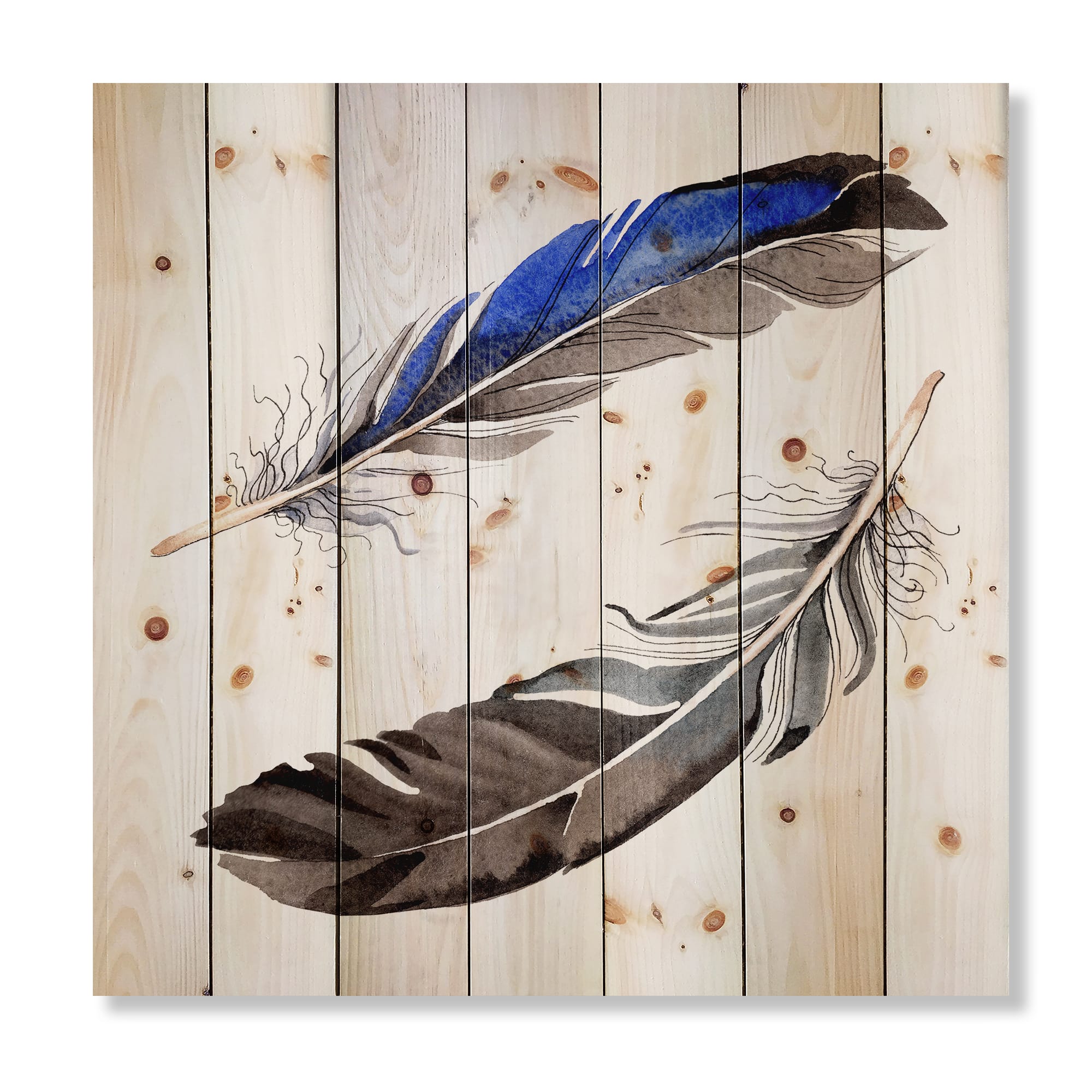 Designart - Colourful Boho Feathers III - Bohemian &#x26; Eclectic Print on Natural Pine Wood