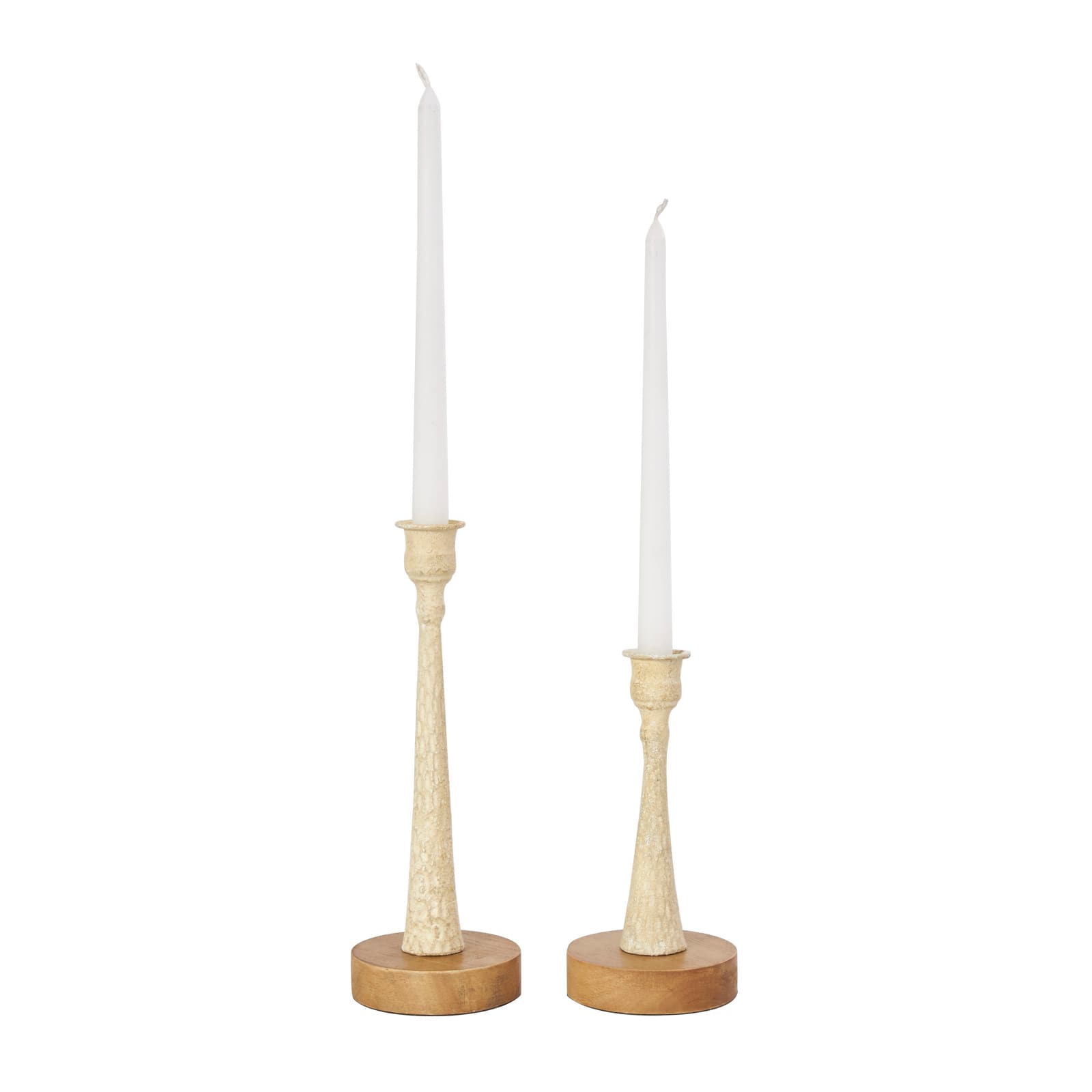 Cream Metal Textured Tapered Taper Candle Holder with Brown Wood Bases Set