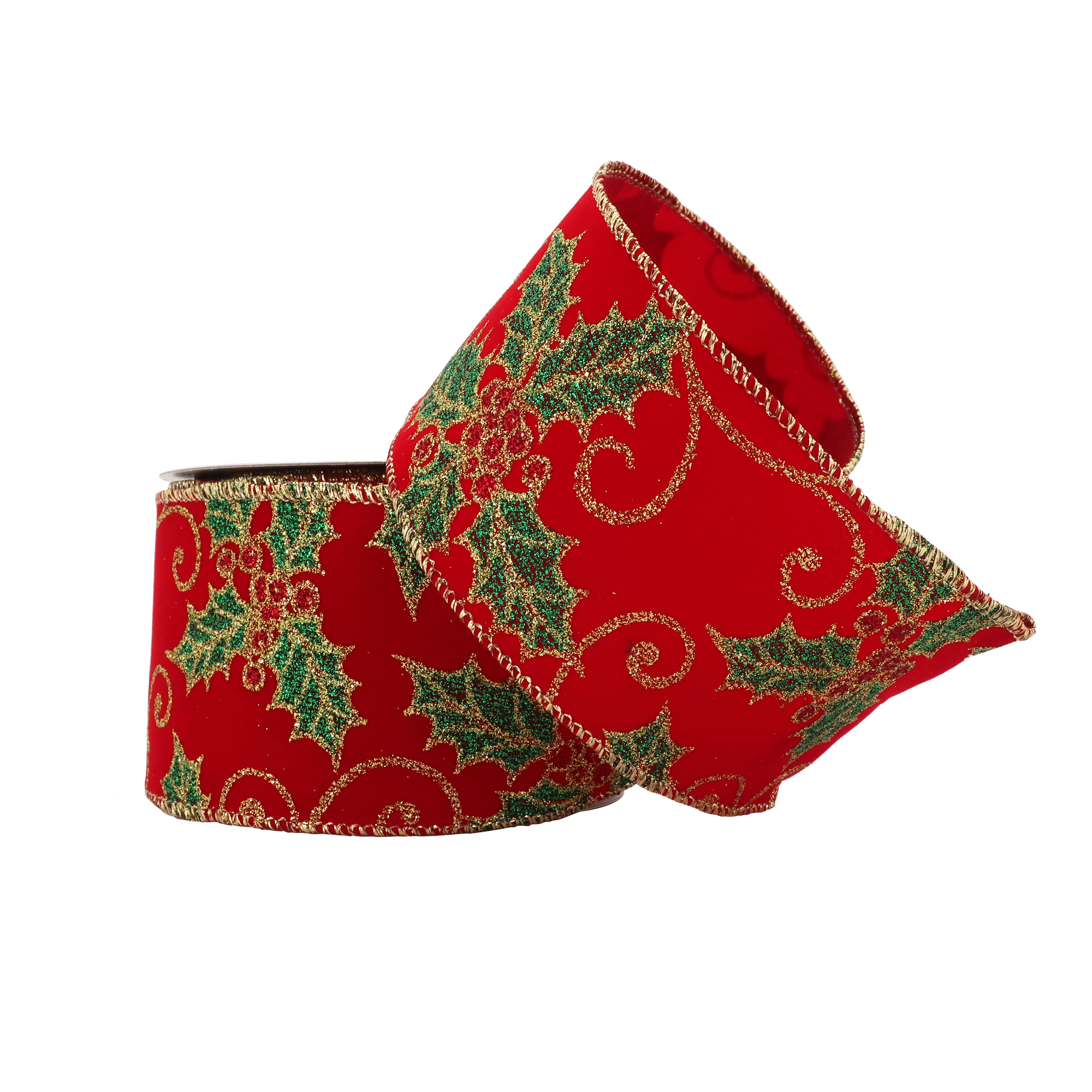 2.5&#x22; x 20ft. Red Holly Wired Velvet Ribbon by Celebrate It&#x2122; Christmas