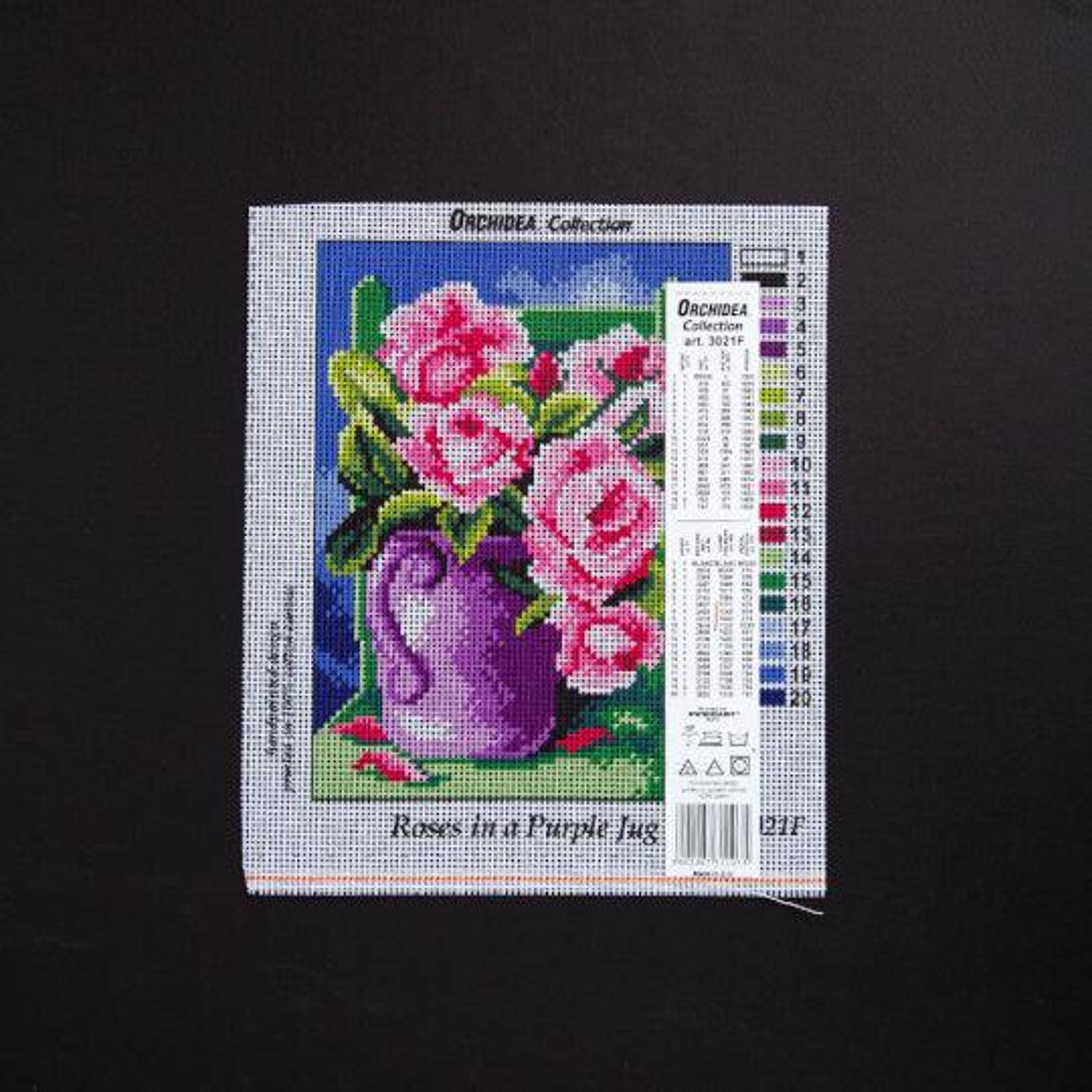 Orchidea Needlepoint Canvas For Halfstitch Without Yarn Roses In A Purple Jug - Printed Tapestry Canvas