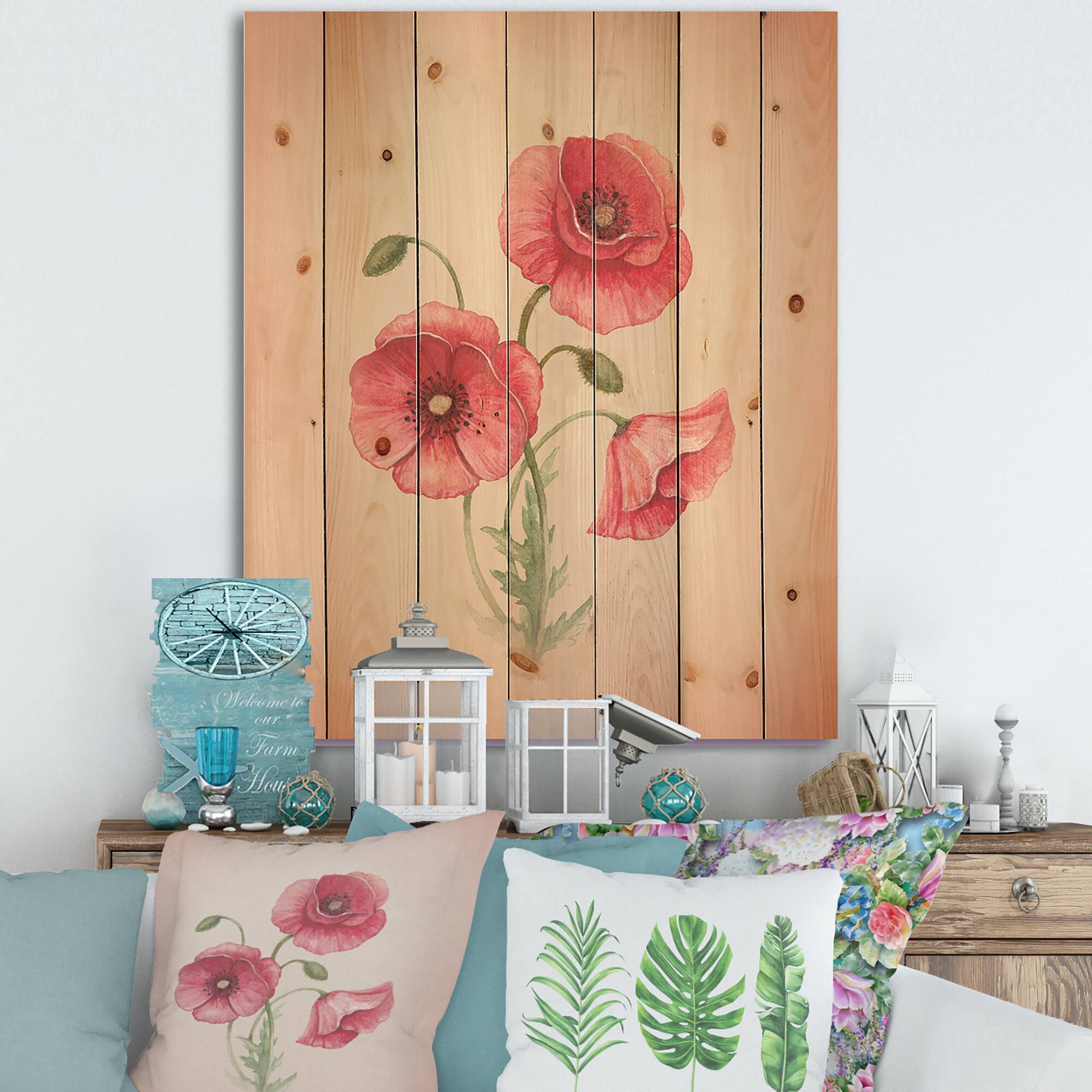 Designart - Retro Poppy Flowers - Vintage Print on Natural Pine Wood